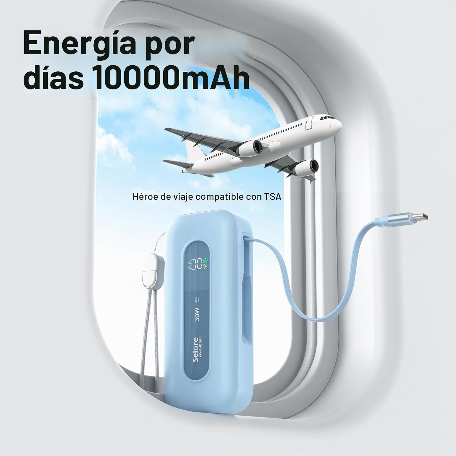 SELOREYS-GLOBAL - BANCO DE ENERGÍA DE 10,000 MAH CON CABLE RETRÁCTIL INTEGRADO Y CABLE C A L, CARGADOR PORTÁTIL DE CARGA - 6