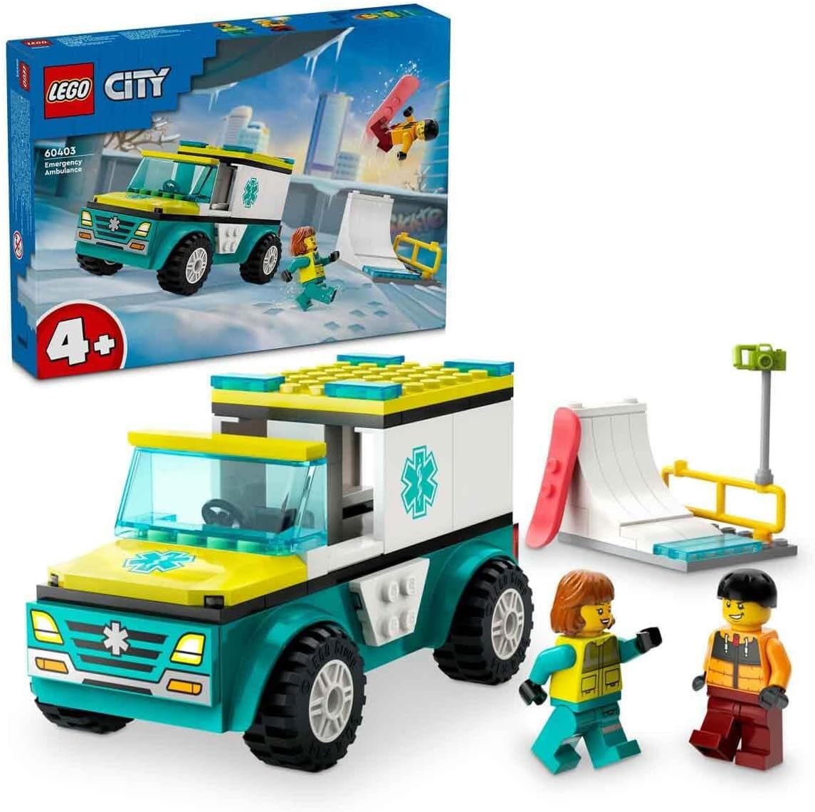 LEGO 60403 CITY AMBULANCIA Y SNOWBOARDER TOY PRESENT, BLOQUES PARA NIÑOS, NIÑAS, NIÑOS, 4, 5, 6, AMBULANCIA, SKATEBOARDING, - 1