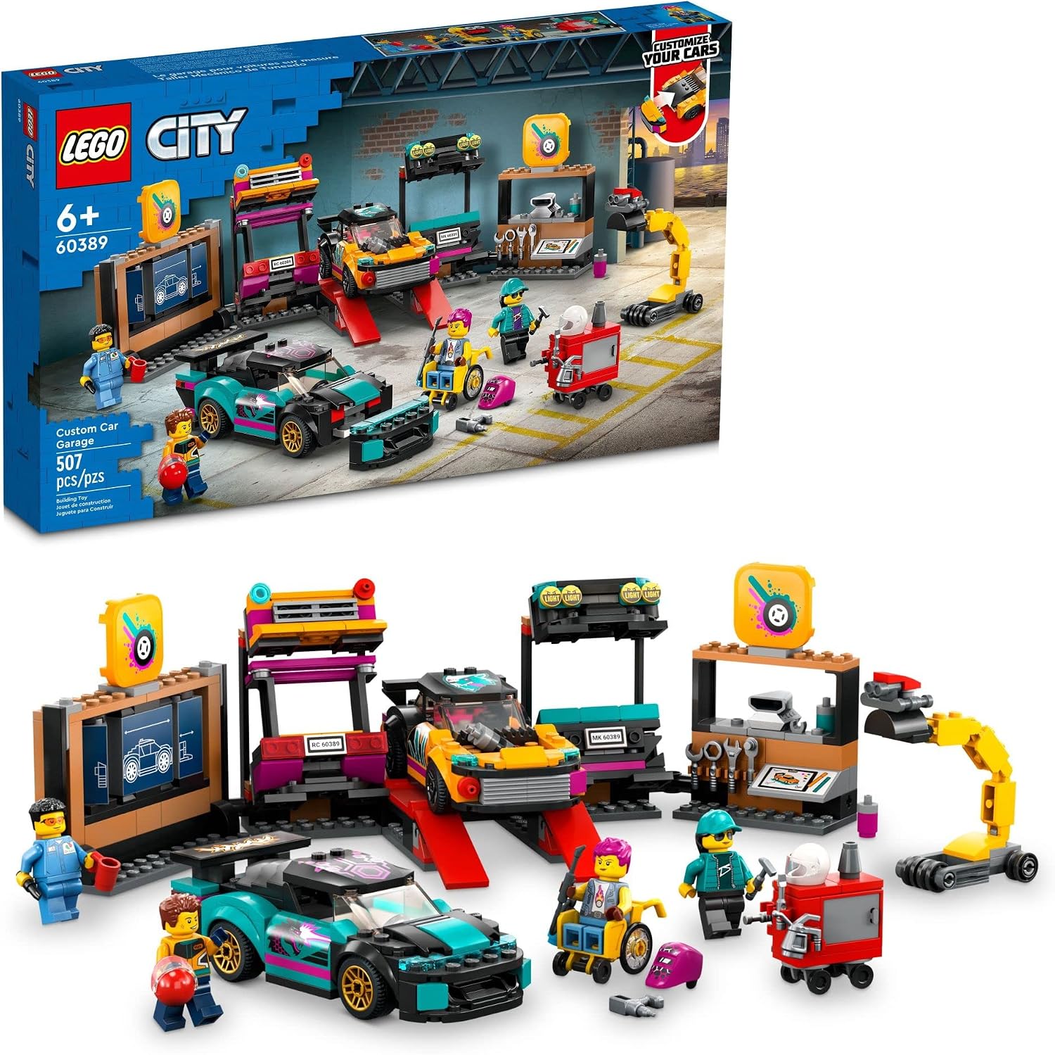 LEGO CITY CUSTOM CAR GARAGE 60389, JUEGO DE CONSTRUCCIÓN DE GARAJE DE JUGUETE CON 2 COCHES PERSONALIZABLES Y ACCESORIOS - 1