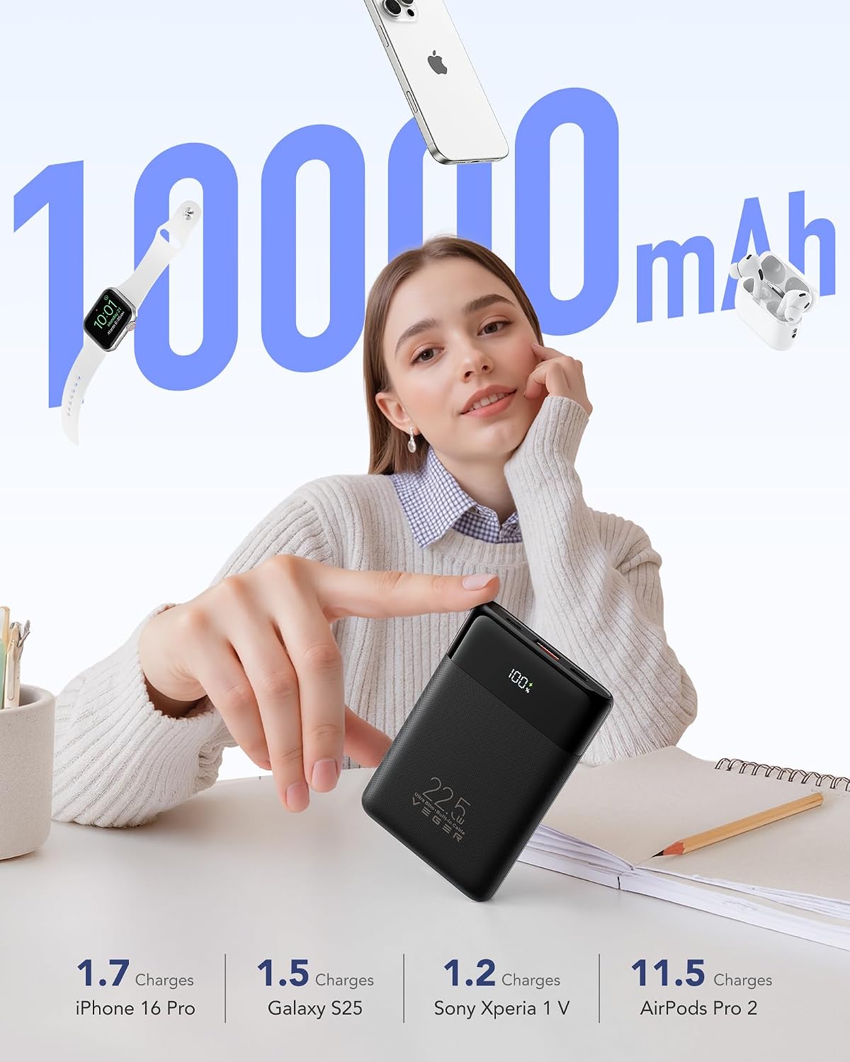 VEGER 10000MAH 22.5W CARGADOR PORTÁTIL DE CARGA RÁPIDA CON CABLES INCORPORADOS - 6