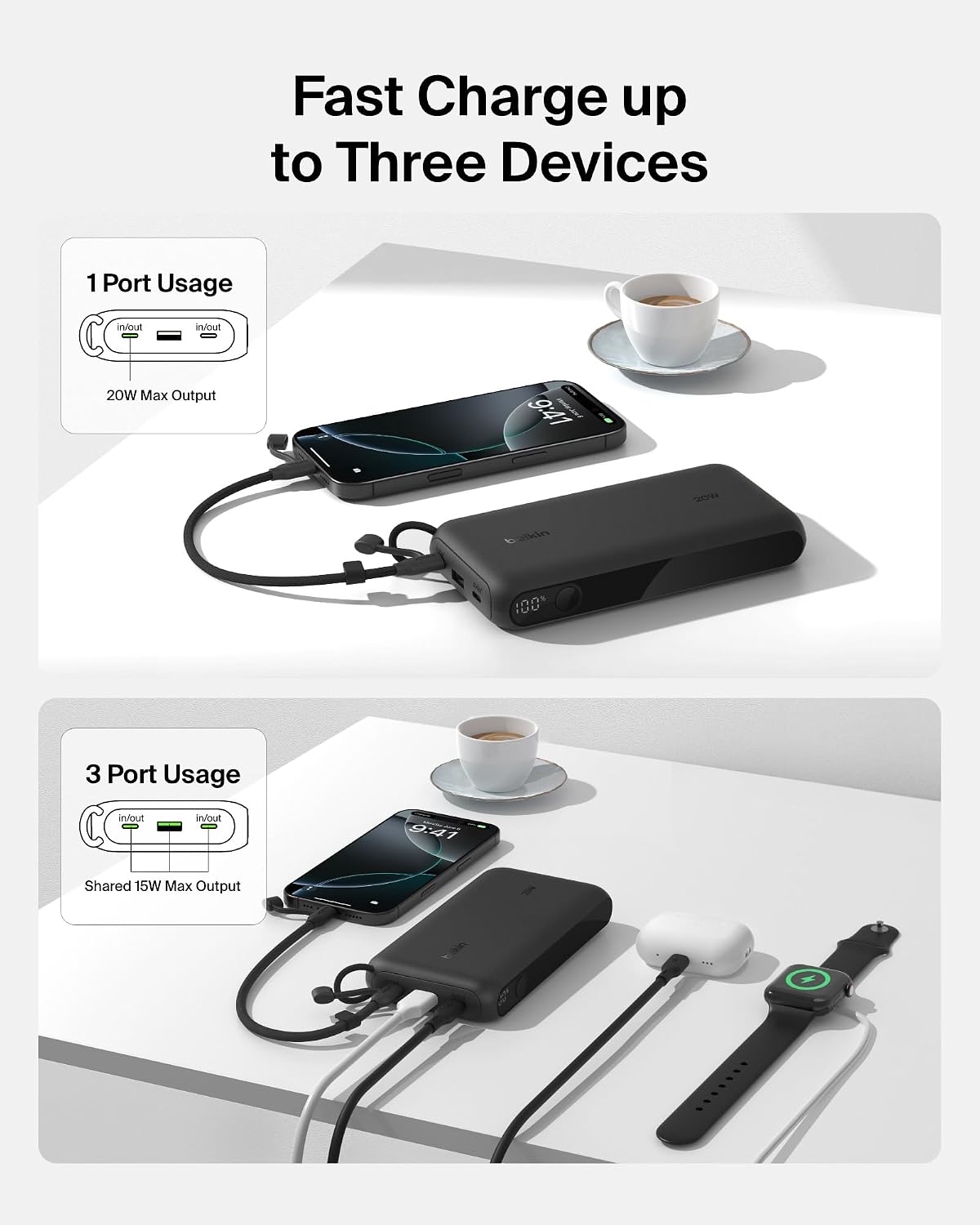 BELKIN CARGADOR PORTÁTIL, CARGADOR DE BATERÍA USB-C DE 20,000 MAH CON 2 PUERTOS USB-C Y 1 PUERTO A, PANTALLA DIGITAL - 2