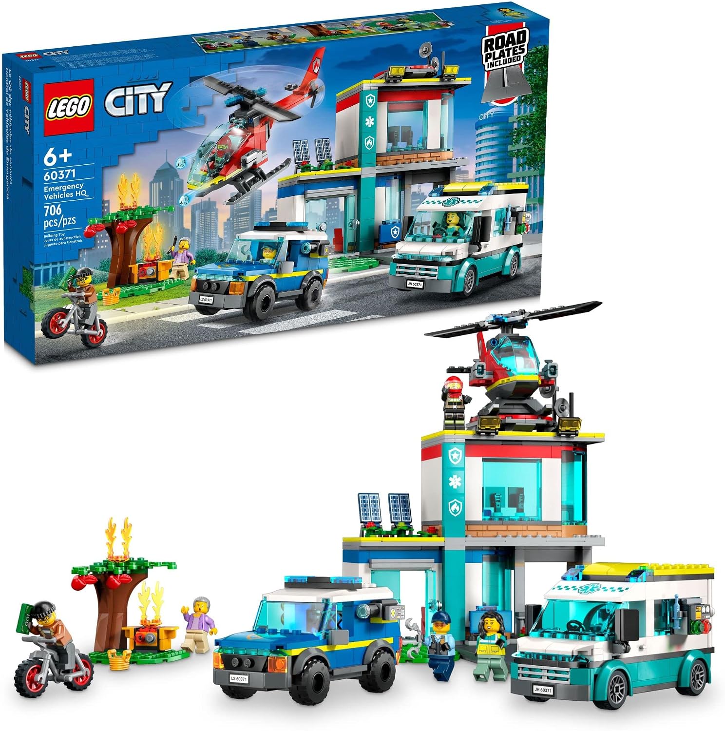 LEGO CITY EMERGENCY VEHICLES HQ 60371, JUEGO DE HELICÓPTEROS DE RESCATE DE INCENDIOS, AMBULANCIA, MOTOCICLETA Y AUTO - 1