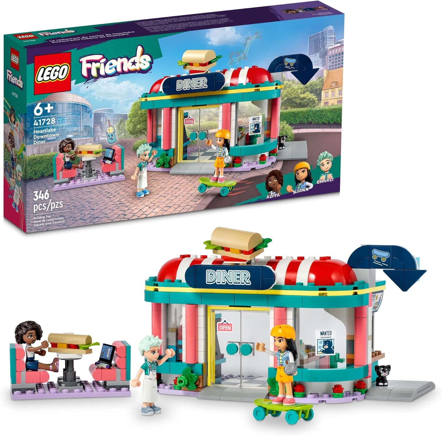 LEGO FRIENDS HEARTLAKE DOWNTOWN DINER, JUGUETE DE CONSTRUCCIÓN JUEGO DE SIMULACIÓN DE RESTAURANTE CON COMIDA, INCLUYE MINI - 1