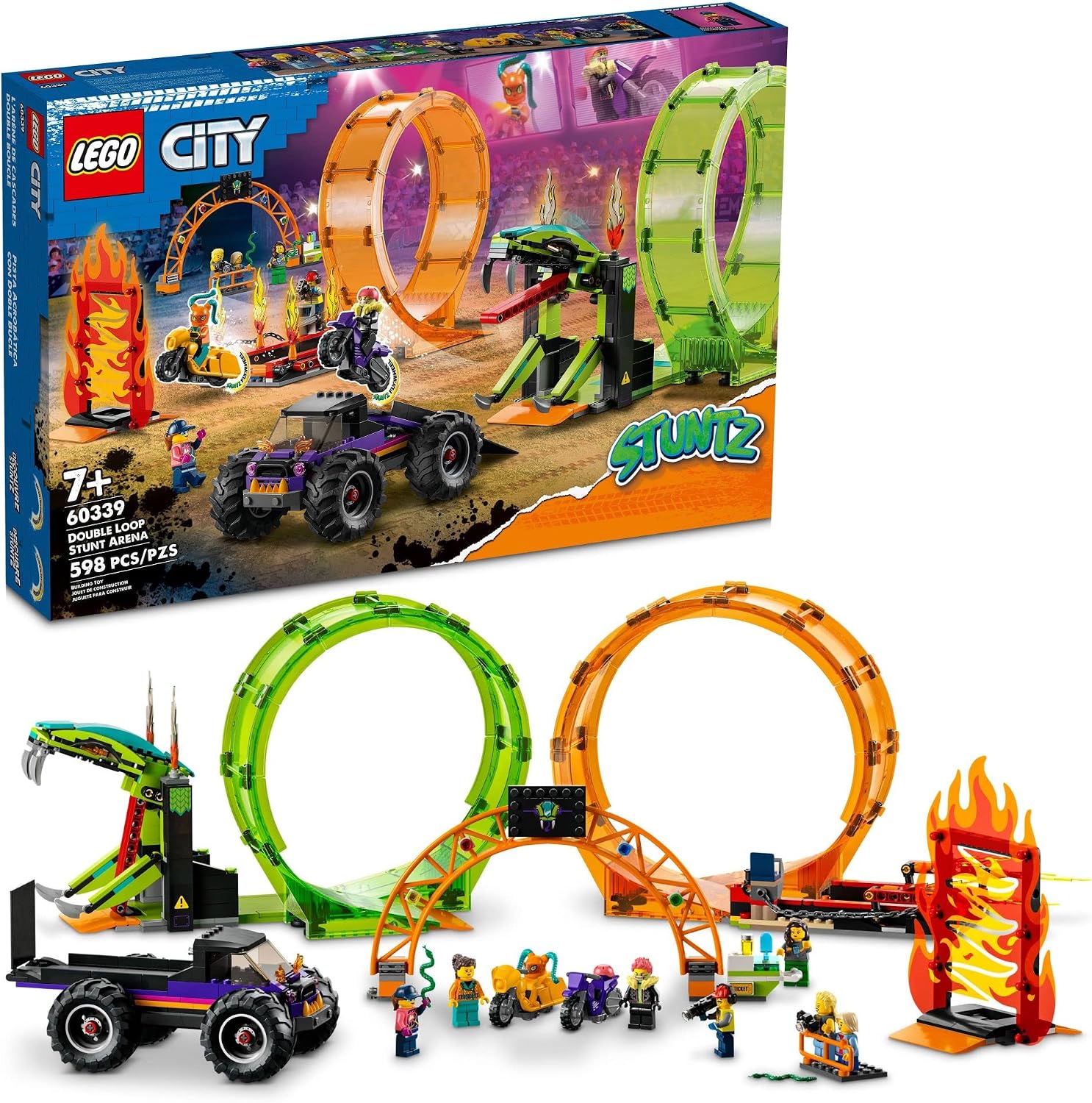 LEGO CITY STUNTZ 60339 - JUEGO DE CAMIÓN MONSTRUO CON 2 MOTOCICLETAS DE JUGUETE, RAMPA, PARED DE LLAMAS, ANILLO DE FUEGO, - 1