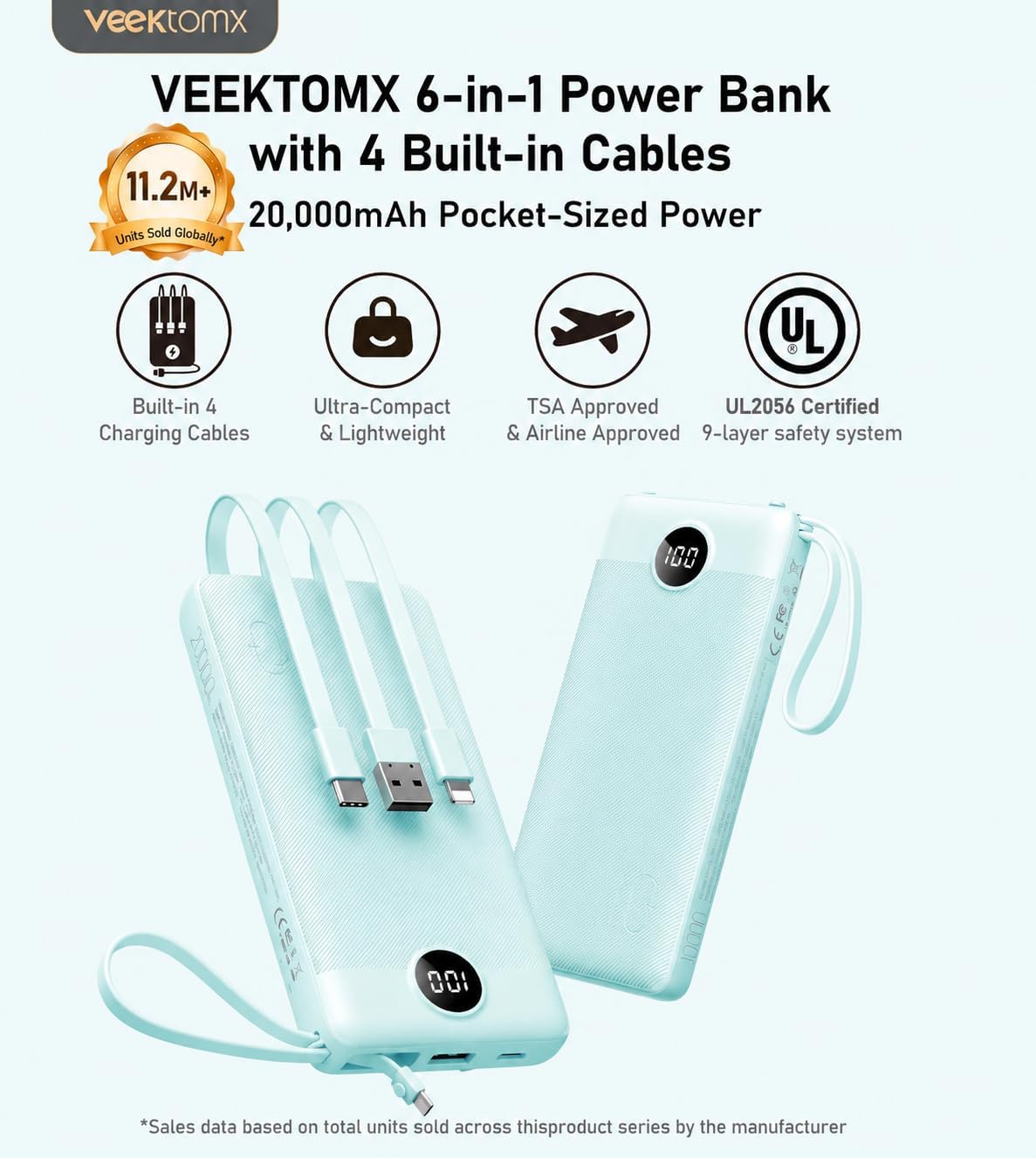 CARGADOR PORTÁTIL VEEKTOMX DE 20000 MAH CON CABLES USB-C Y IPHONE INTEGRADOS - 2