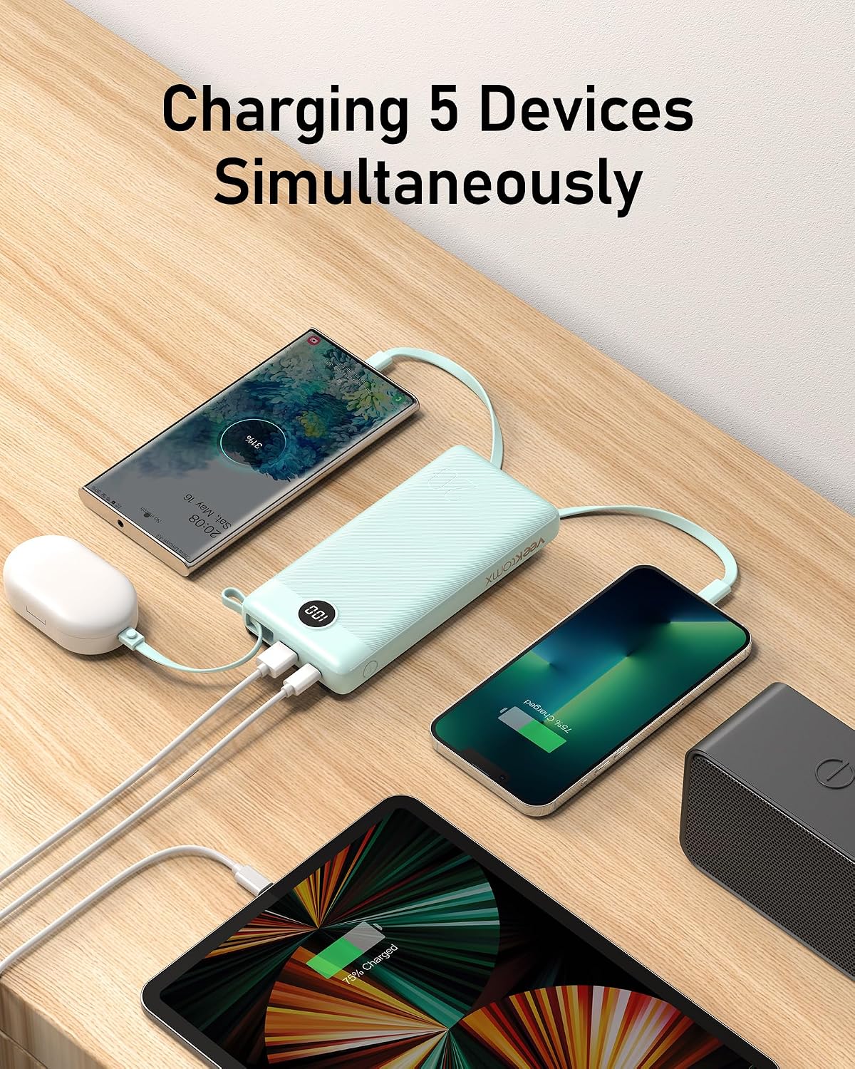 CARGADOR PORTÁTIL VEEKTOMX DE 20000 MAH CON CABLES USB-C Y IPHONE INTEGRADOS - 6