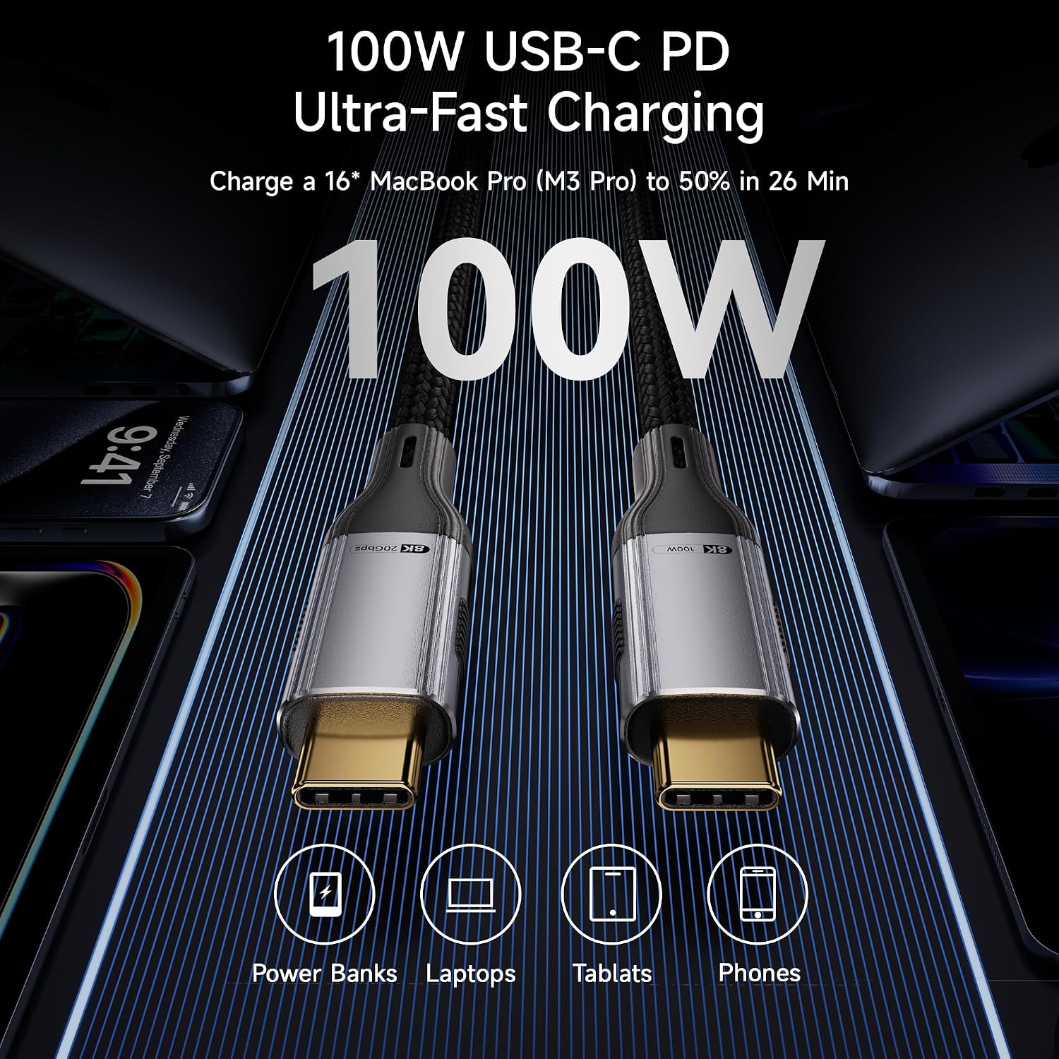 CABLE USB C A USB C DE 20 PIES, TRANSFERENCIA DE DATOS DE 20 GBPS, CARGA RÁPIDA PD DE 240 W, SOPORTE DE VIDEO DE 8 K A 60 - 2