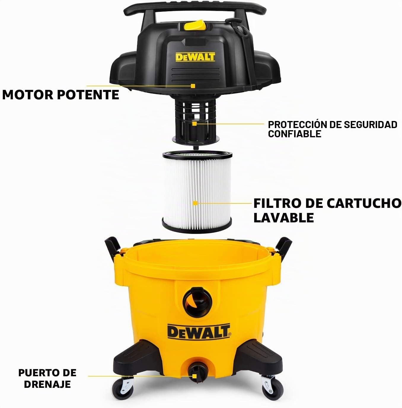 DEWALT ASPIRADORA DE TIENDA DXV09PZ DE POLIETILENO DE 9 GALONES PARA TALLER/LUGAR DE TRABAJO, COLOR AMARILLO - 4