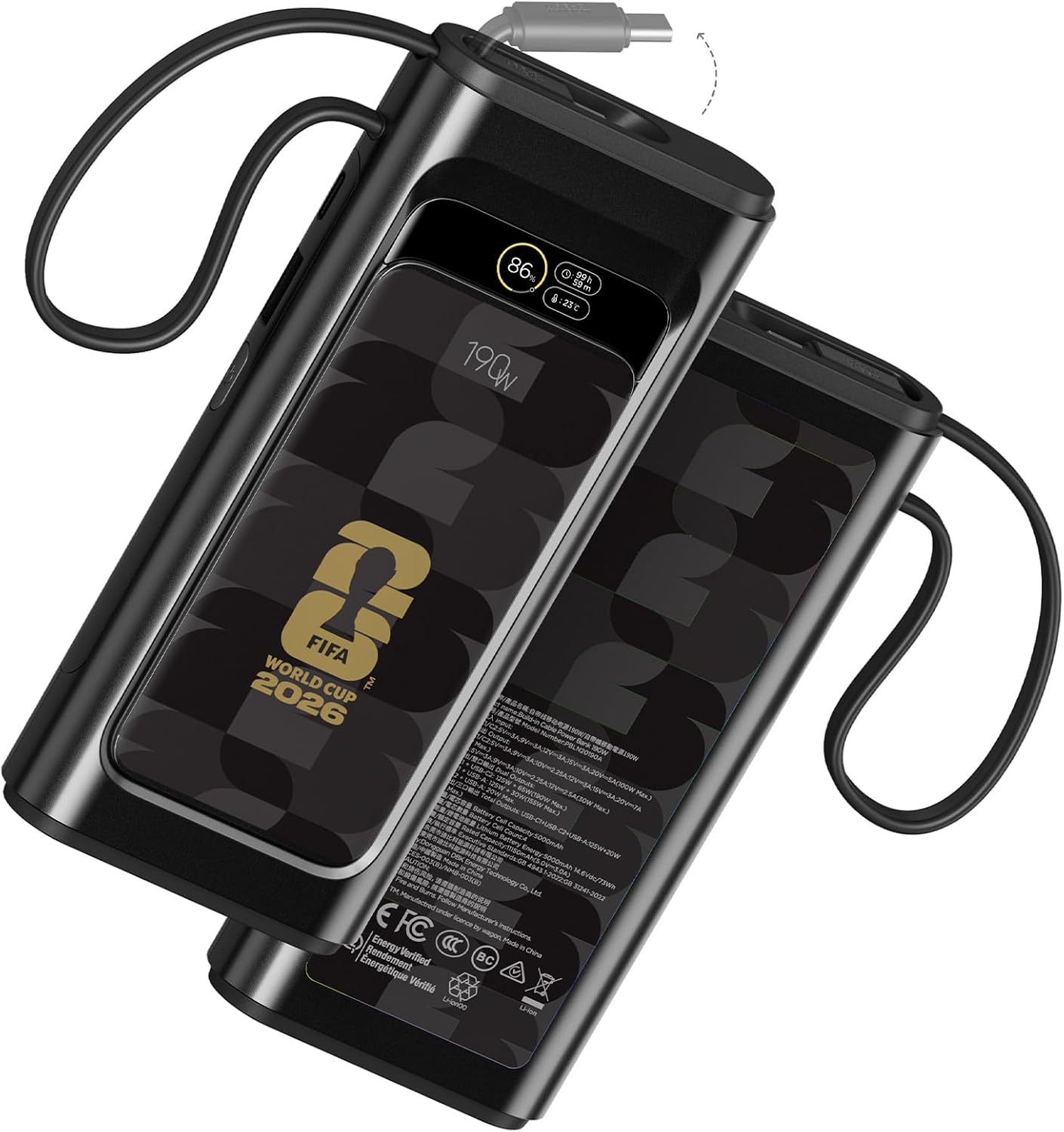 BANCO DE ENERGÍA 2026 CON LICENCIA DE LA FIFA DE 190 W 20000 MAH PARA LAPTOP, CARGADOR PORTÁTIL, 3 PUERTOS USB-C DE CARGA - 1