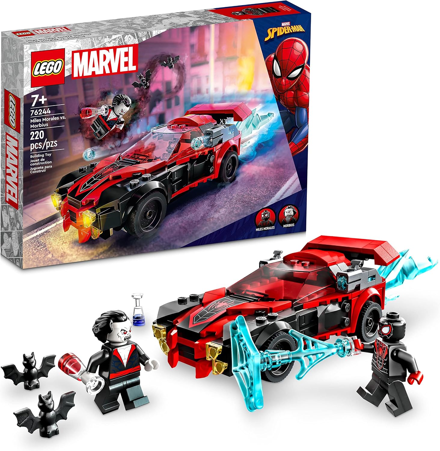 LEGO MARVEL SPIDER-MAN MILES MORALES VS. MORBIUS 76244 - JUGUETE DE CONSTRUCCIÓN CON COCHE DE CARRERAS Y MINIFIGURAS - 1