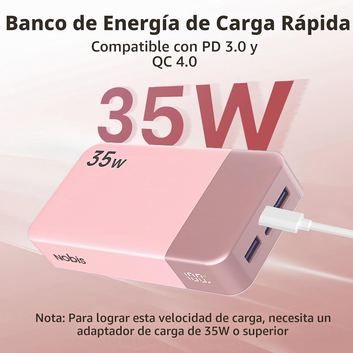 NOBIS CARGADOR PORTÁTIL, BANCO DE ENERGÍA DE 20000 MAH, BANCO DE ENERGÍA DE 35 W, CARGA RÁPIDA, PAQUETE DE BATERÍA CON CABLE - 2