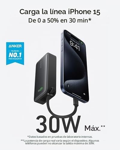 ANKER NANO POWER BANK, CARGADOR PORTÁTIL DE 10,000 MAH CON CABLE USB-C INTEGRADO Y BANCO DE ENERGÍA ANKER NANO, CARGADOR - 5