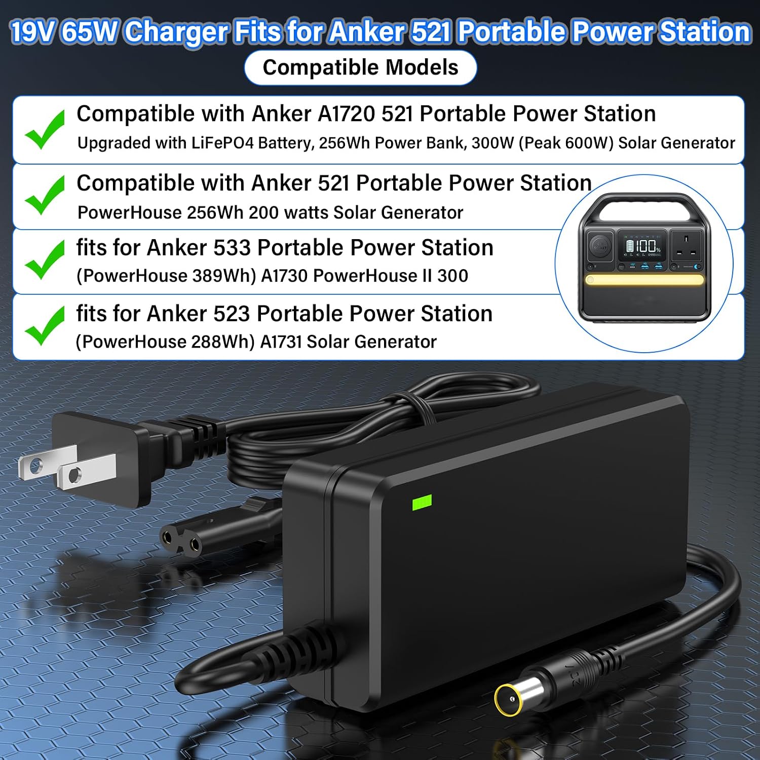 CARGADOR DE GENERADOR SOLAR DE 19 V 65 W APTO PARA ESTACIÓN DE ENERGÍA PORTÁTIL ANKER 521 A1720, CABLE DE ALIMENTACIÓN - 2