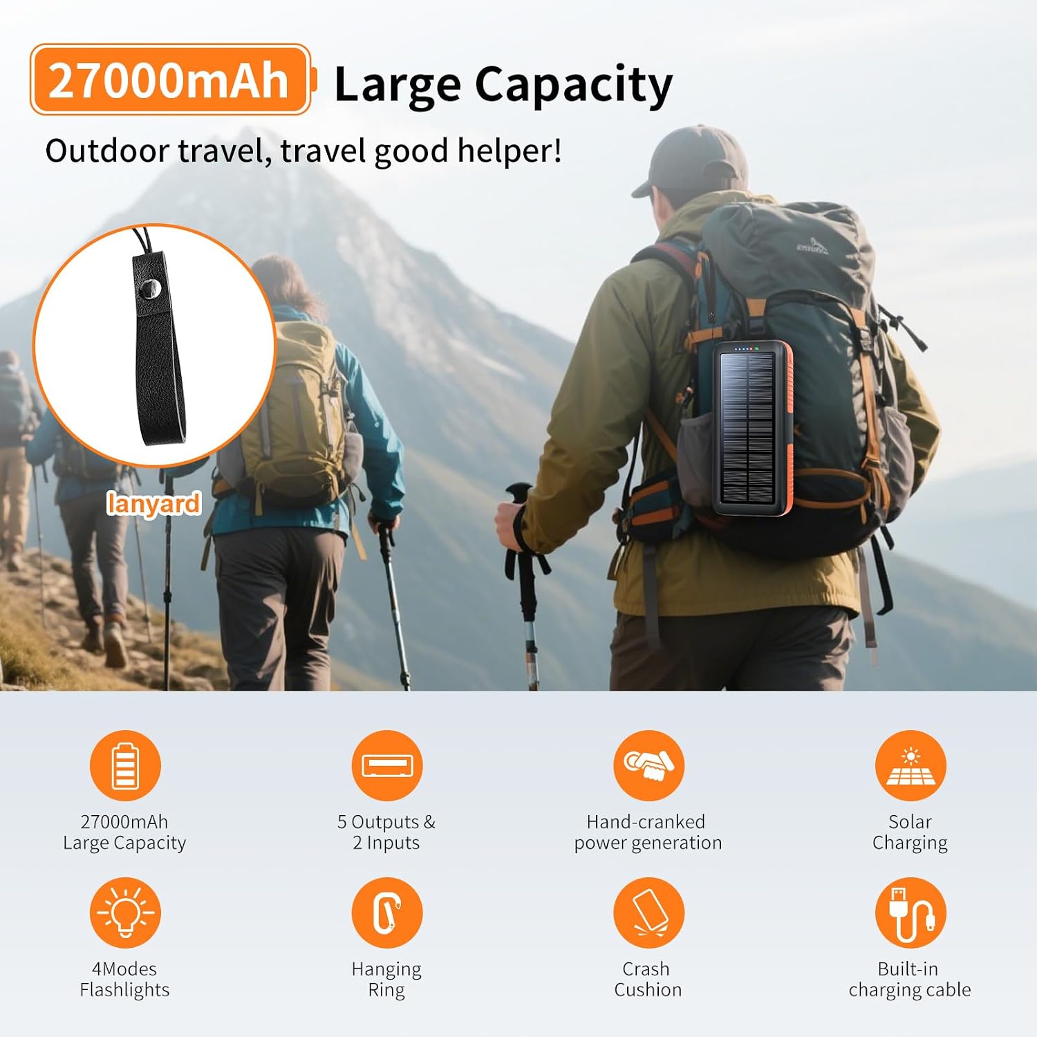 BOOGOSTORE CARGADOR SOLAR DE 27000 MAH, CARGADOR PORTÁTIL CON 4 SALIDAS Y 3 ENTRADAS, 4 LINTERNAS LED, MANIVELA DE MANO, - 6