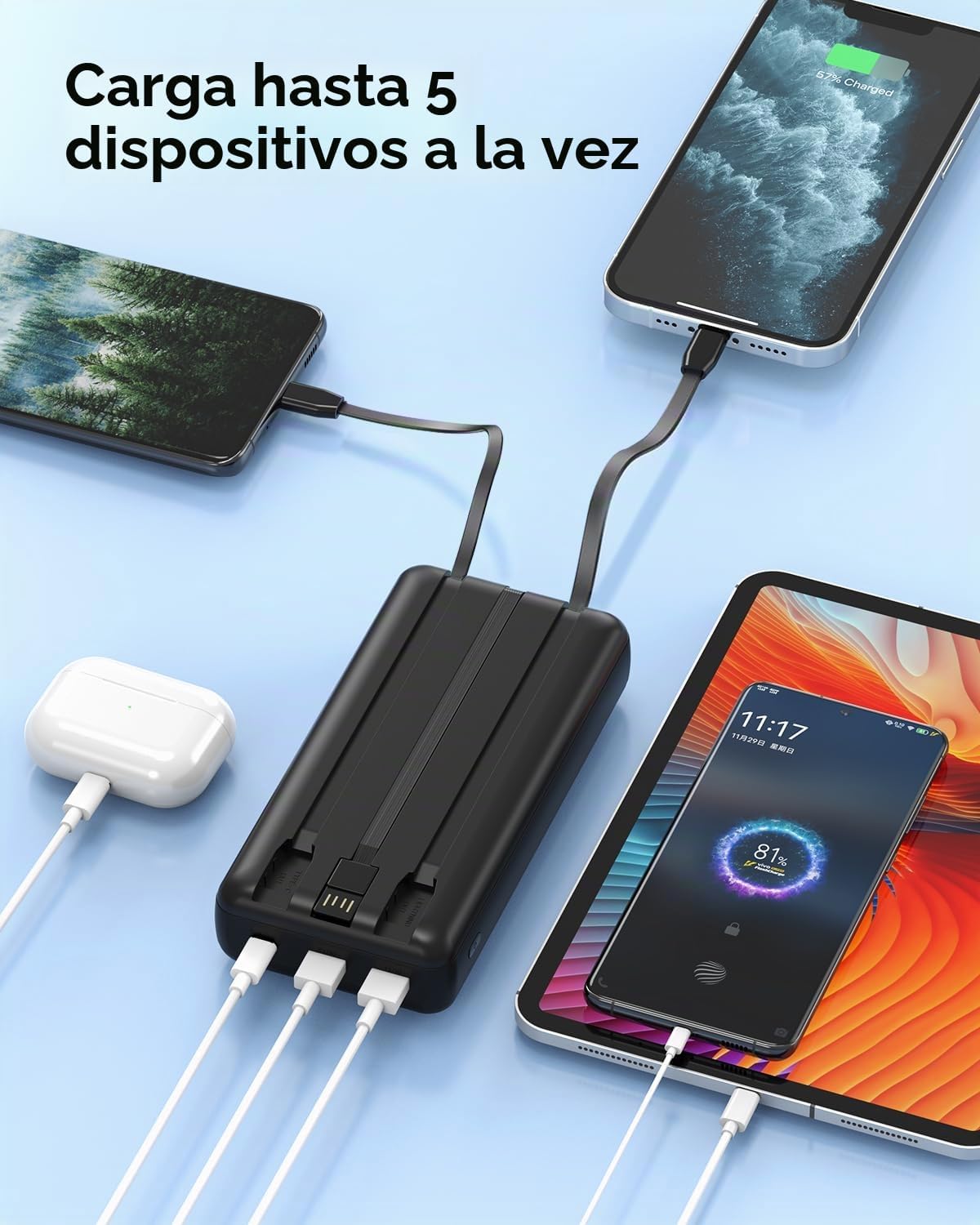 CARGADOR PORTÁTIL DE 50000 MAH, PD DE 22.5 W DE CARGA RÁPIDA CON CABLES INTEGRADOS, PAQUETE DE BATERÍA EXTERNA USB-C - 6