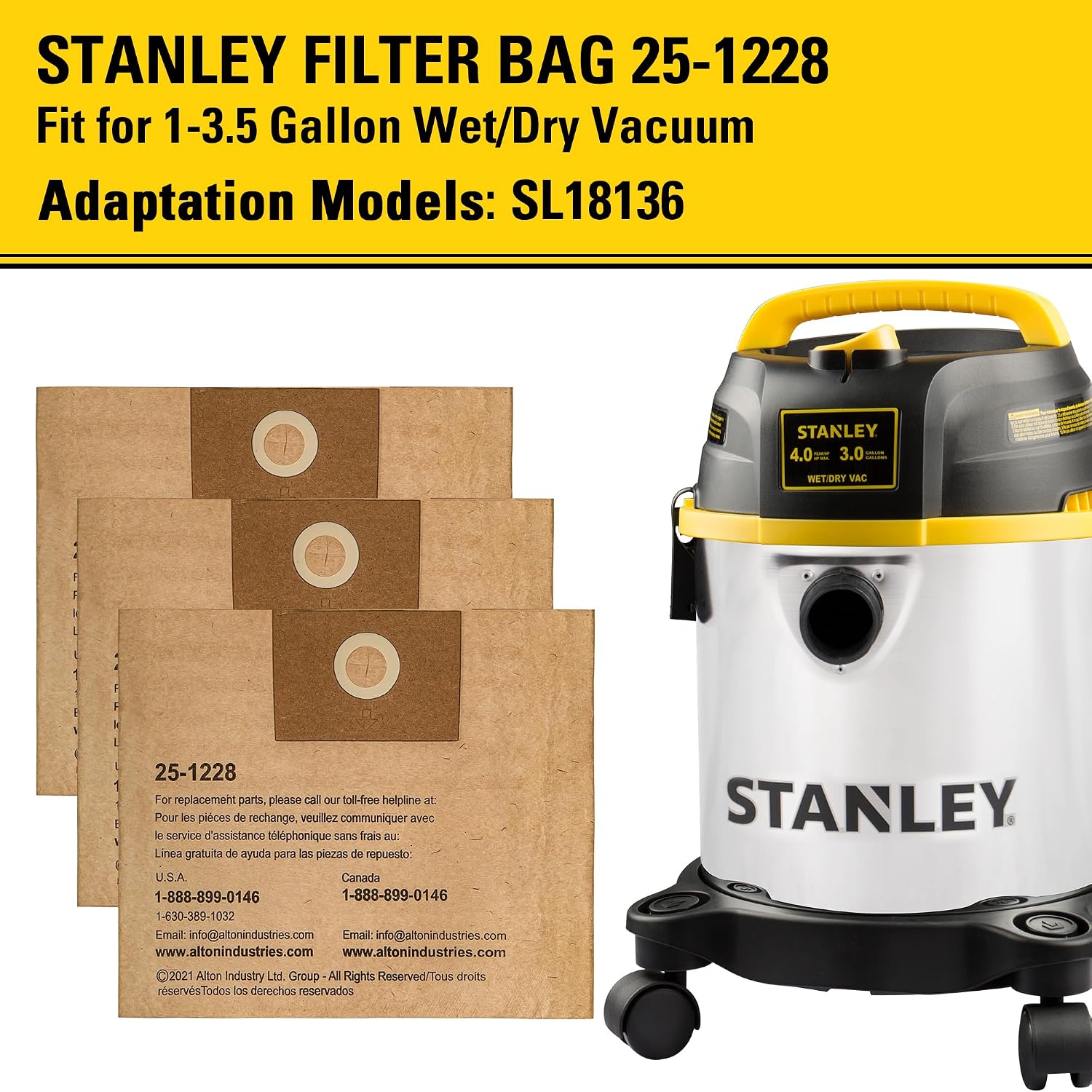 PAQUETE DE 3 BOLSAS DE FILTRO DESECHABLES STANLEY 25-1228, PARA ASPIRADORA HÚMEDA/SECA DE 1-3.5 GALONES, BOLSA PARA POLVO - 2