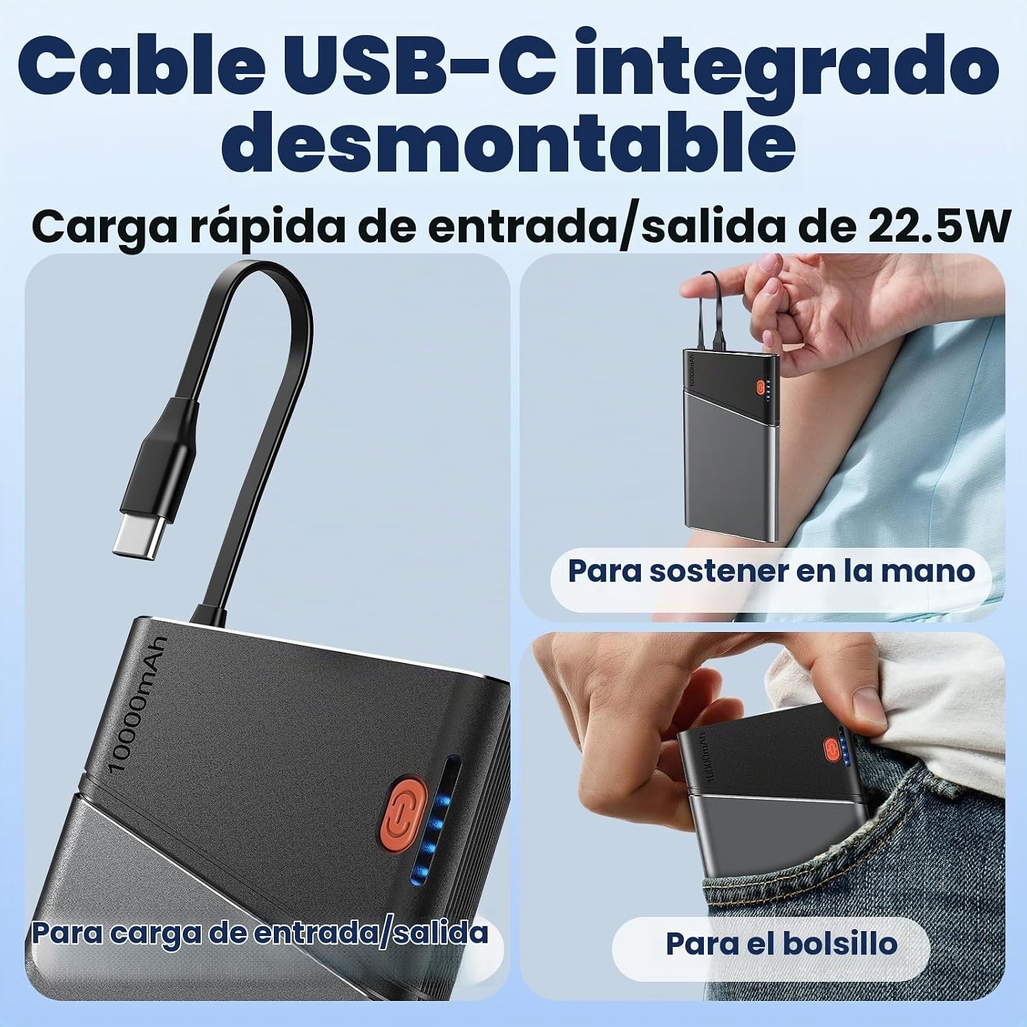AAOYUN BANCO DE ENERGÍA PORTÁTIL DE 10000 MAH, BATERÍA DE CARGA RÁPIDA PD DE 22.5 W CON CABLE USB-C INTEGRADO, CARGADOR - 6