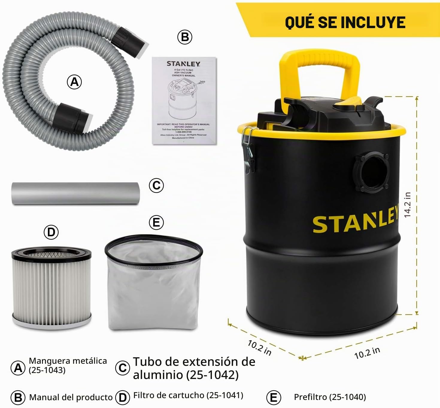 ASPIRADORA DE CENIZAS STANLEY, CANISTER PORTÁTIL DE 4 GALONES, POTENTE MOTOR DE 4 PICOS HP, IDEAL PARA ESTUFAS DE PELLETS, - 2