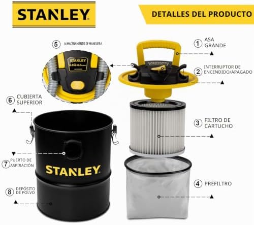 ASPIRADORA DE CENIZAS STANLEY, CANISTER PORTÁTIL DE 4 GALONES, POTENTE MOTOR DE 4 PICOS HP, IDEAL PARA ESTUFAS DE PELLETS, - 6