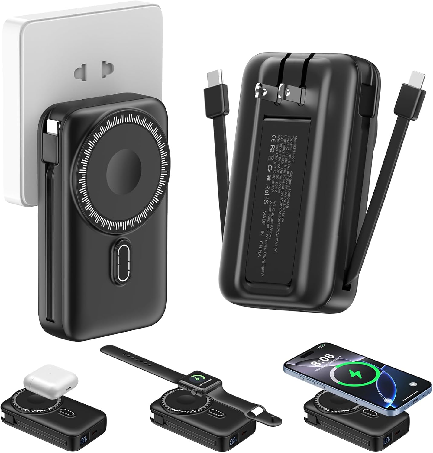CARGADOR PORTÁTIL MAGNÉTICO DE 10000 MAH PARA IPHONE CON CABLES INTEGRADOS Y ENCHUFE DE PARED, BANCO DE ENERGÍA INALÁMBRICO - 1