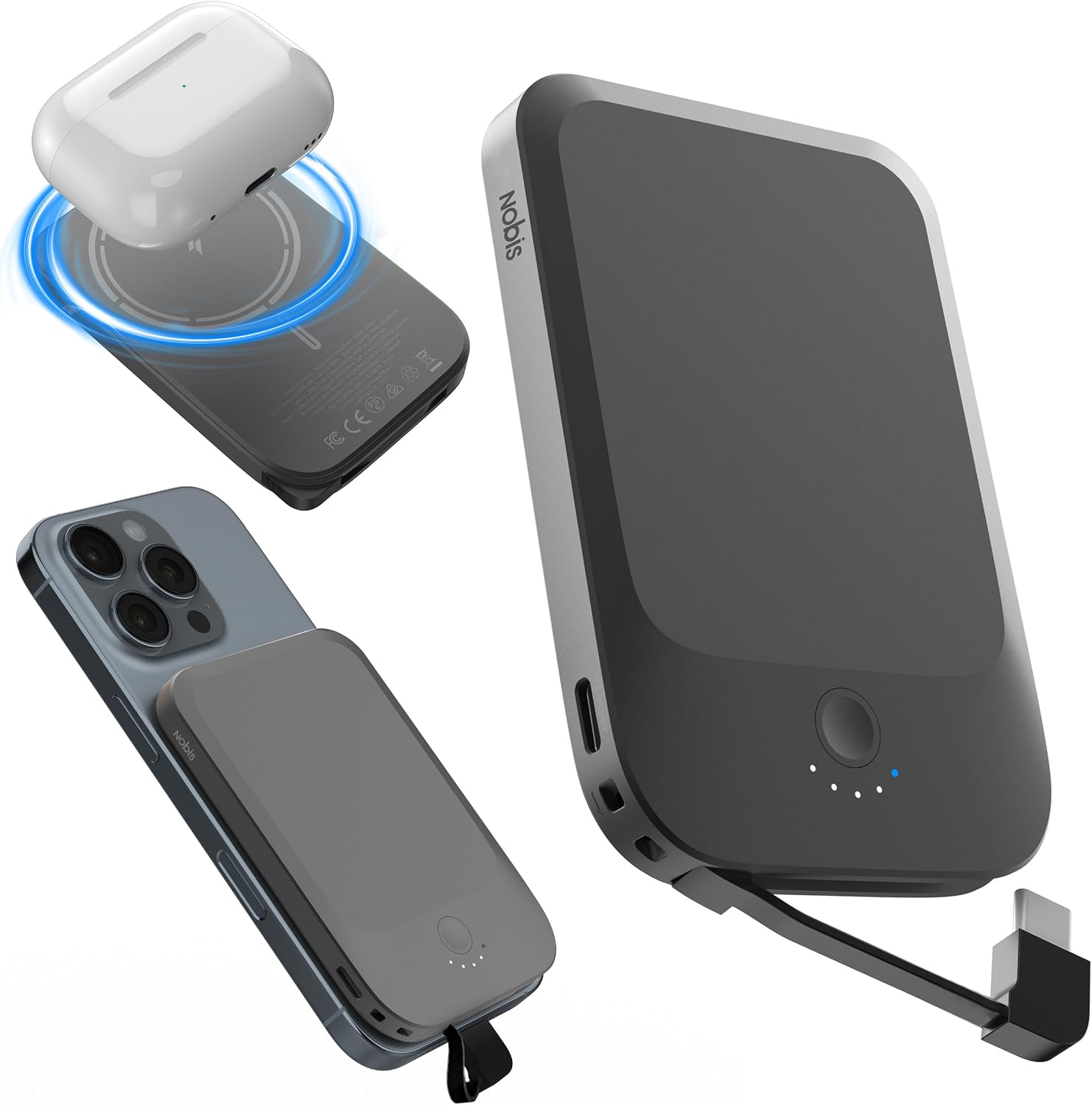 NOBIS BANCO DE ENERGÍA MAGNÉTICO DELGADO 5000MAH CON CABLE INCORPORADO CARGADOR PORTÁTIL INALÁMBRICO QC 3.0 22.5W PD CARGA - 1