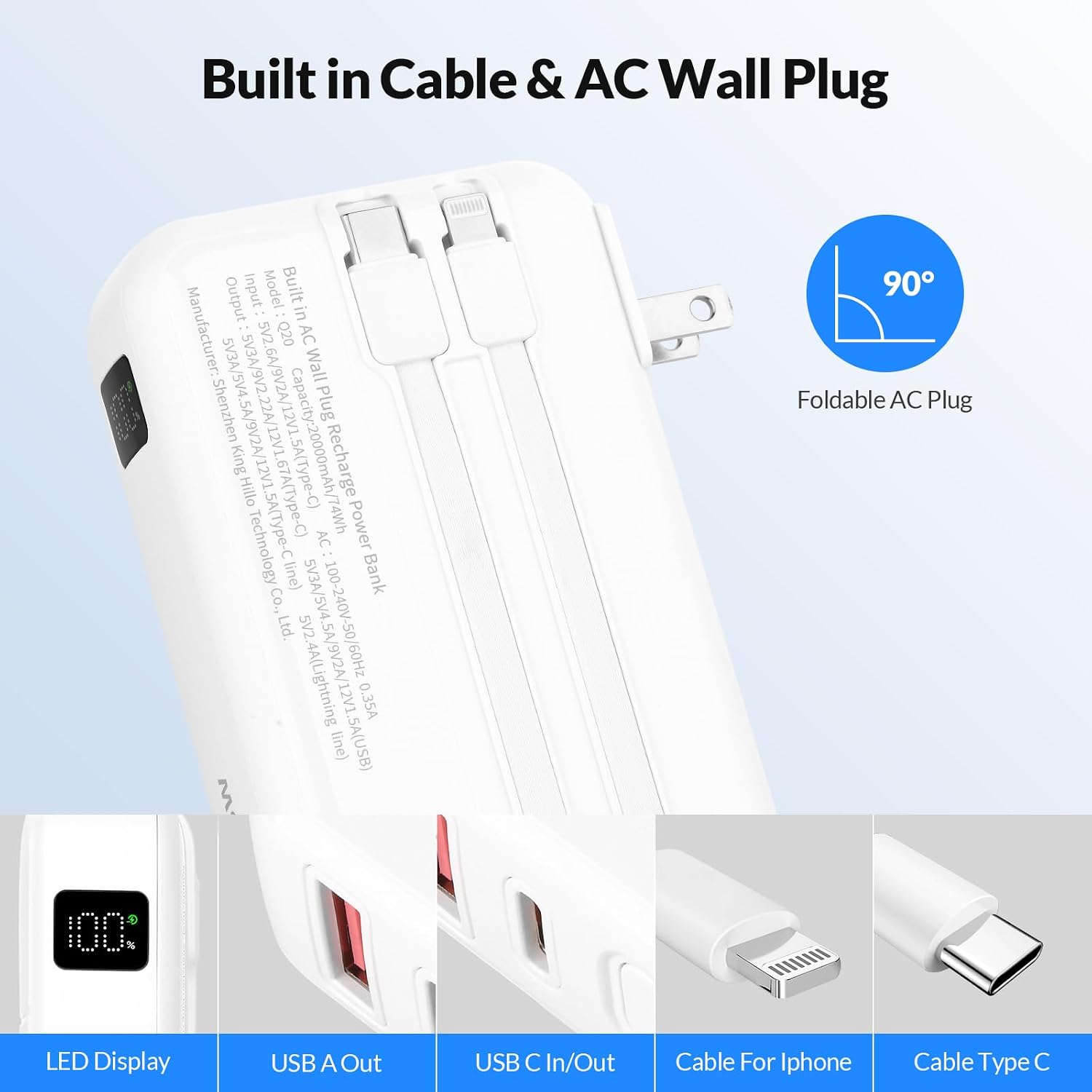 CARGADOR PORTÁTIL CON CABLES INTEGRADOS Y ENCHUFE DE PARED DE CA, CARGADOR DE BATERÍA USB C DE 20000 MAH, BATERÍA DE VIAJE, - 2