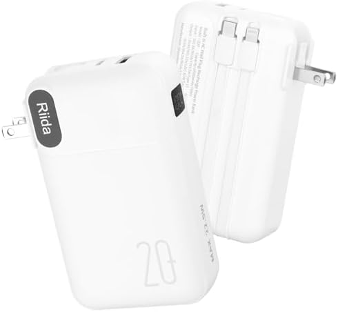 CARGADOR PORTÁTIL CON CABLES INTEGRADOS Y ENCHUFE DE PARED DE CA, CARGADOR DE BATERÍA USB C DE 20000 MAH, BATERÍA DE VIAJE, - 5