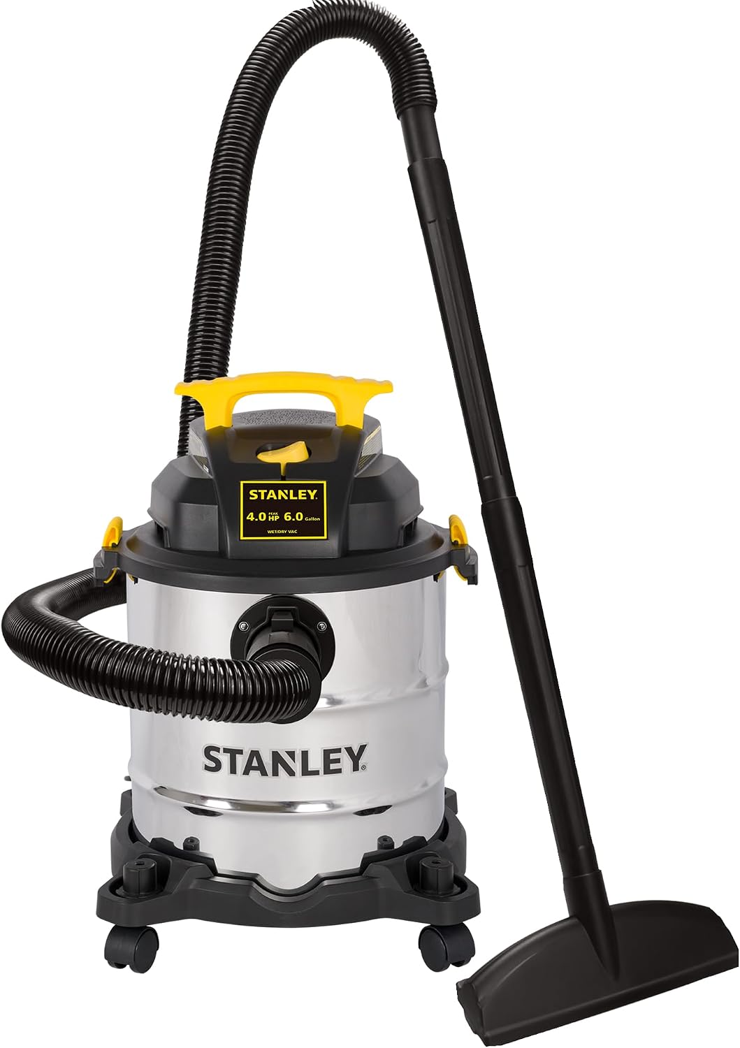 STANLEY SL18116 ASPIRADORA HÚMEDA/SECA, 6 GALONES, 4 CABALLOS DE FUERZA, TANQUE DE ACERO INOXIDABLE, 4.0 HP, PLATA AMARILLO - 1