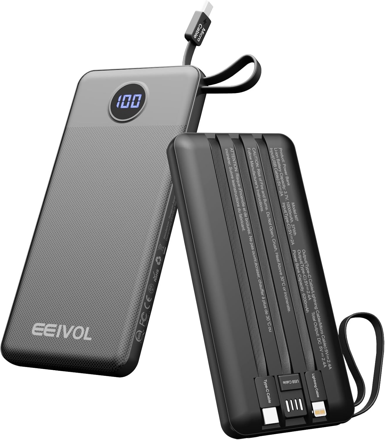CARGADOR PORTÁTIL CON CABLES INTEGRADOS, BANCO DE ENERGÍA DELGADO DE 10000 MAH, BATERÍA USB C DE VIAJE, 4 SALIDAS Y 2 - 1