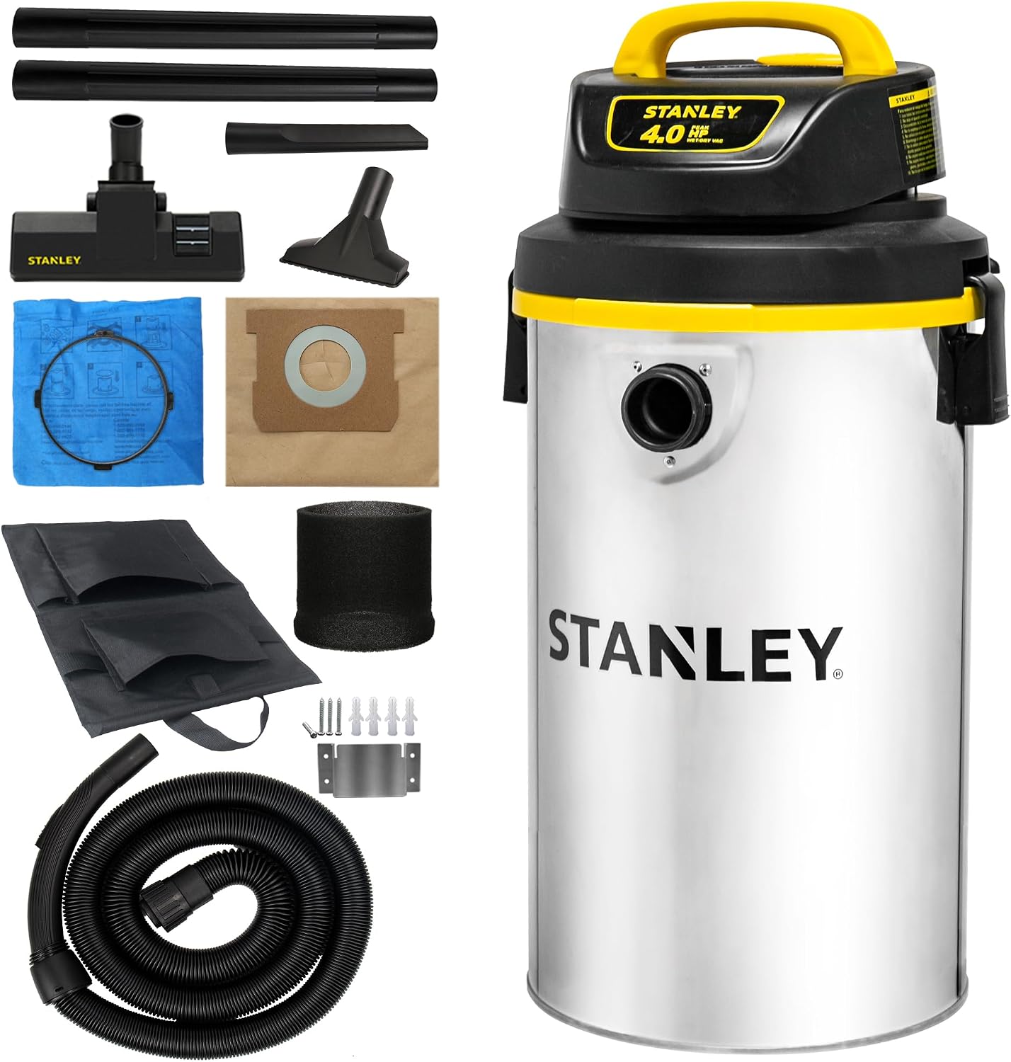 STANLEY ASPIRADORA EN SECO HÚMEDO, 4.5 GALONES 4HP MONTADO EN LA PARED SHOP VAC,26 LIMPIEZA RANGO TANQUE DE ACERO - 1