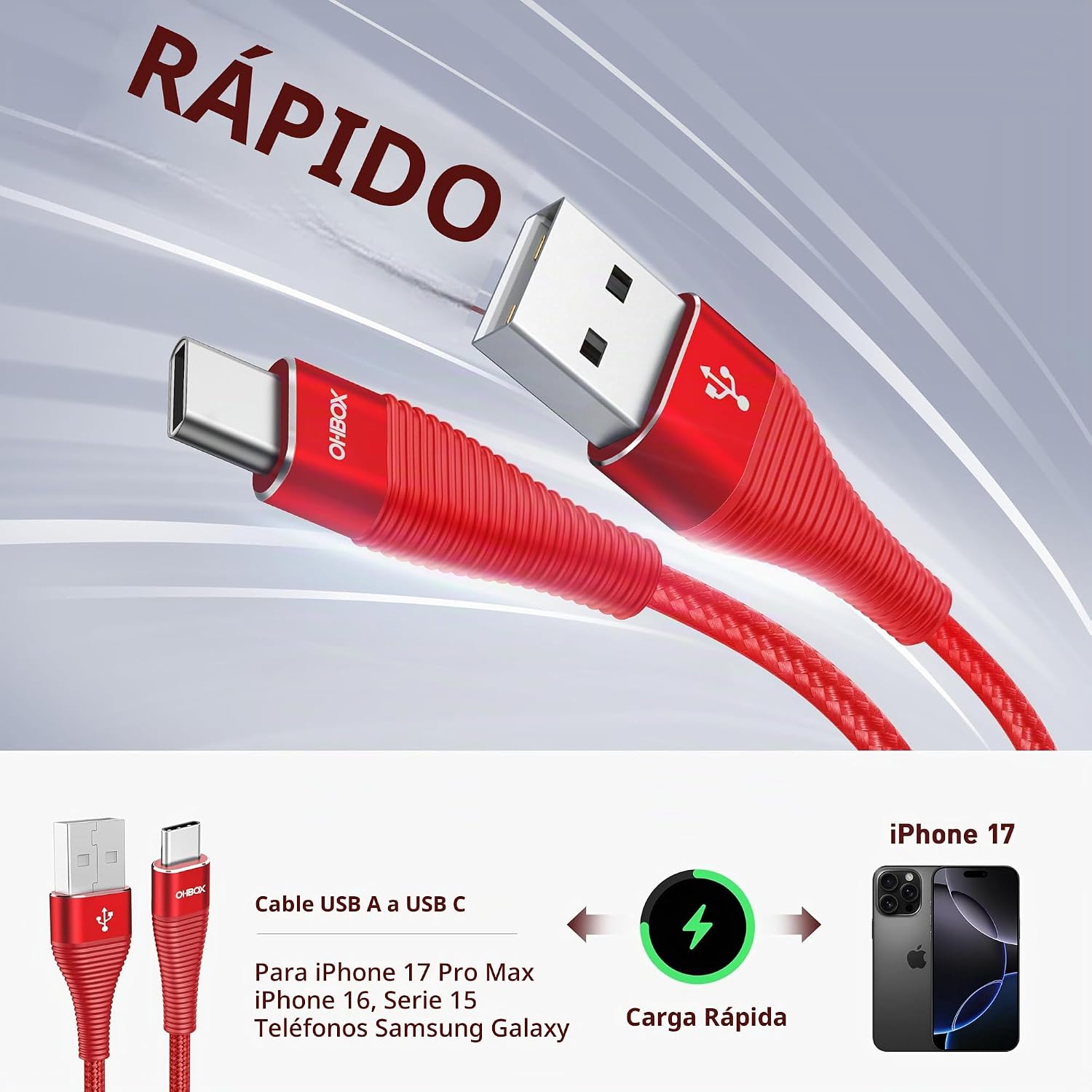 CABLE USB TIPO C 3A DE CARGA RÁPIDA 3 UNIDADES DE 6 PIES USB A A USB C CABLE USB A USB C DE NAILON TRENZADO DE ALTA CALIDAD, - 2