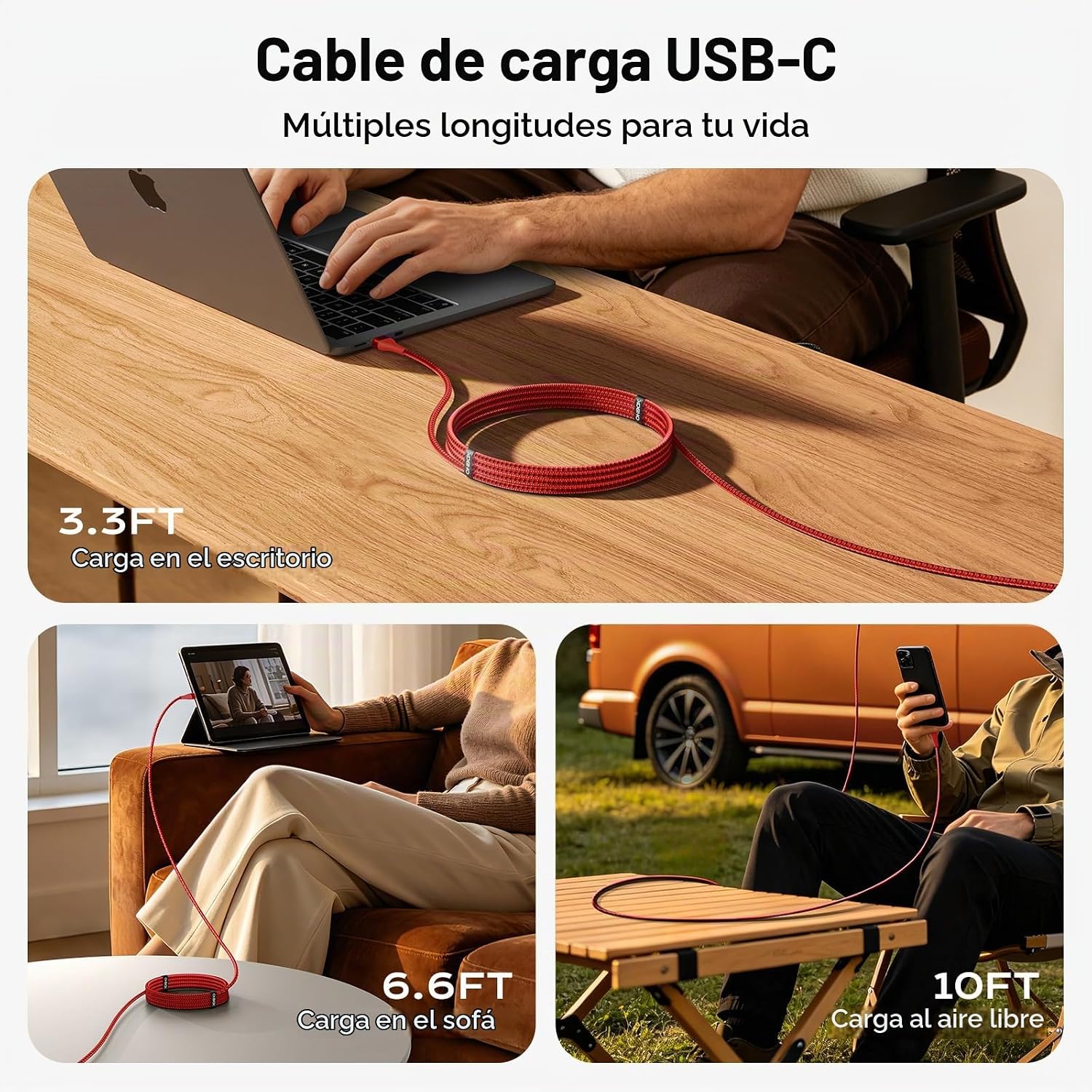 CABLE USB TIPO C 3A DE CARGA RÁPIDA 3 UNIDADES DE 6 PIES USB A A USB C CABLE USB A USB C DE NAILON TRENZADO DE ALTA CALIDAD, - 6