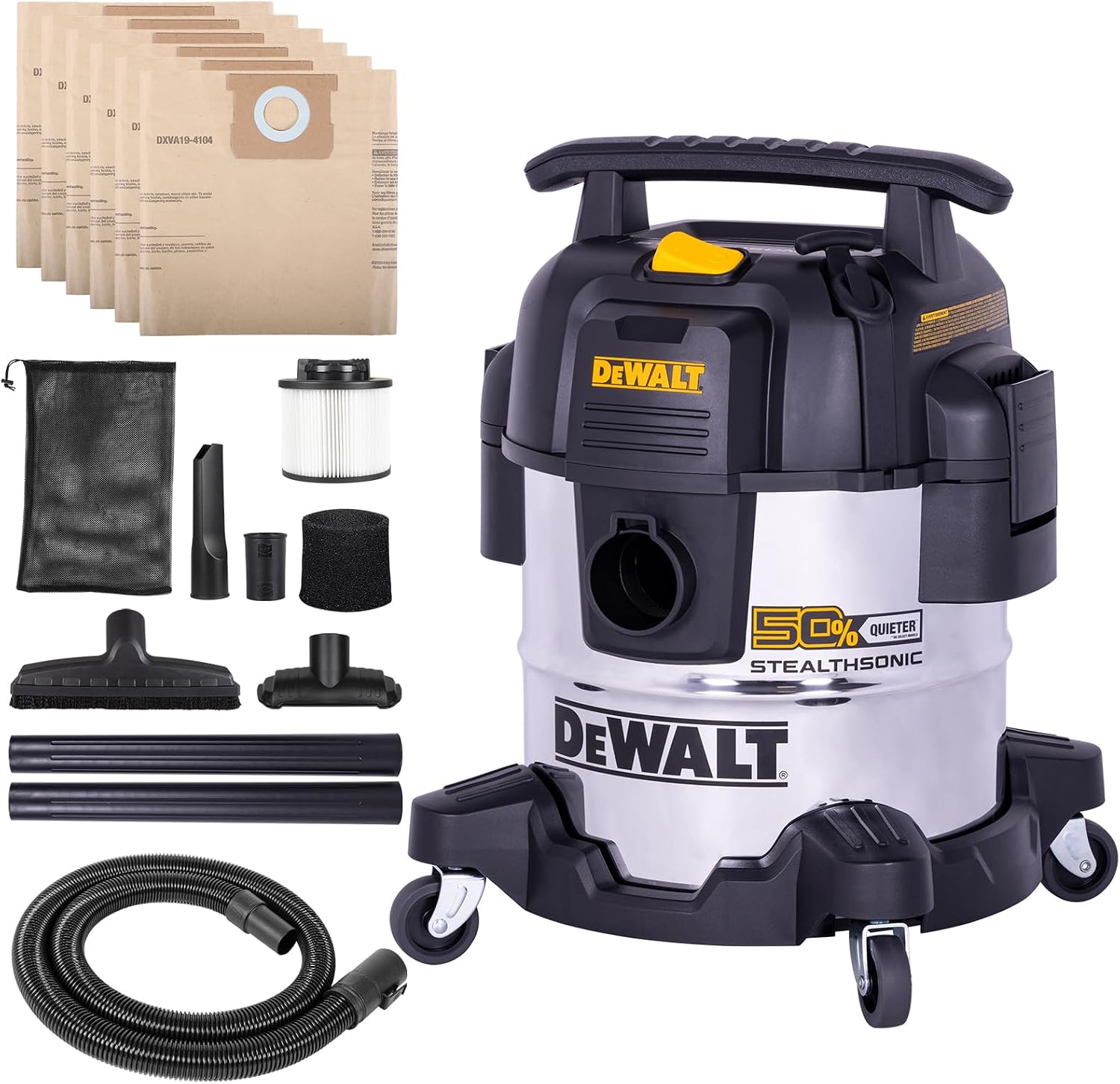 DEWALT ASPIRADORA DE TALLER STEALTHSONIC DE 5 GALONES HÚMEDA Y SECA, ASPIRADORA DE TALLER ULTRA SILENCIOSA DE ACERO - 1