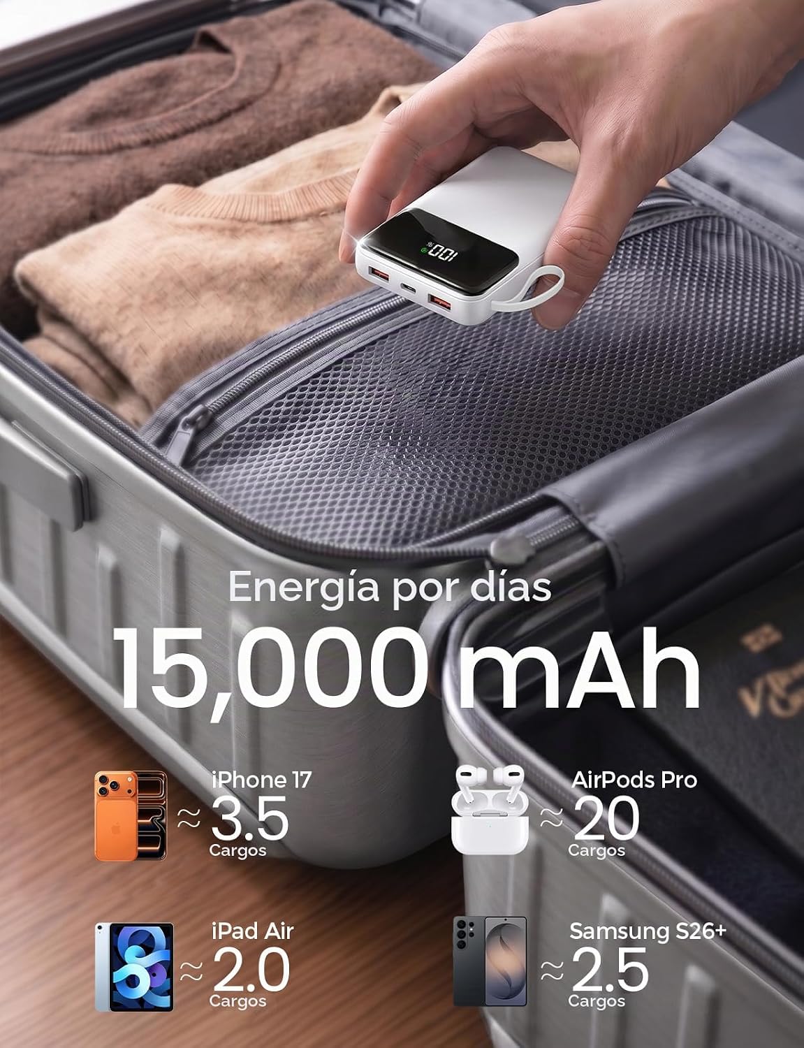 BANCO PORTÁTIL DEL PODER DEL CARGADOR 15000MAH, MÁS PEQUEÑO INCORPORADO 4 - 2