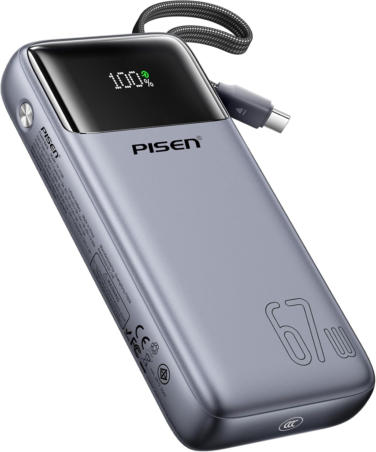 PISEN BANCO DE ENERGÍA CON CERTIFICACIÓN 3C - 20000MAH 67W CCC POWER BANK CON CABLE INTEGRADO, BATERÍA DE VIAJE, CARGADOR - 1