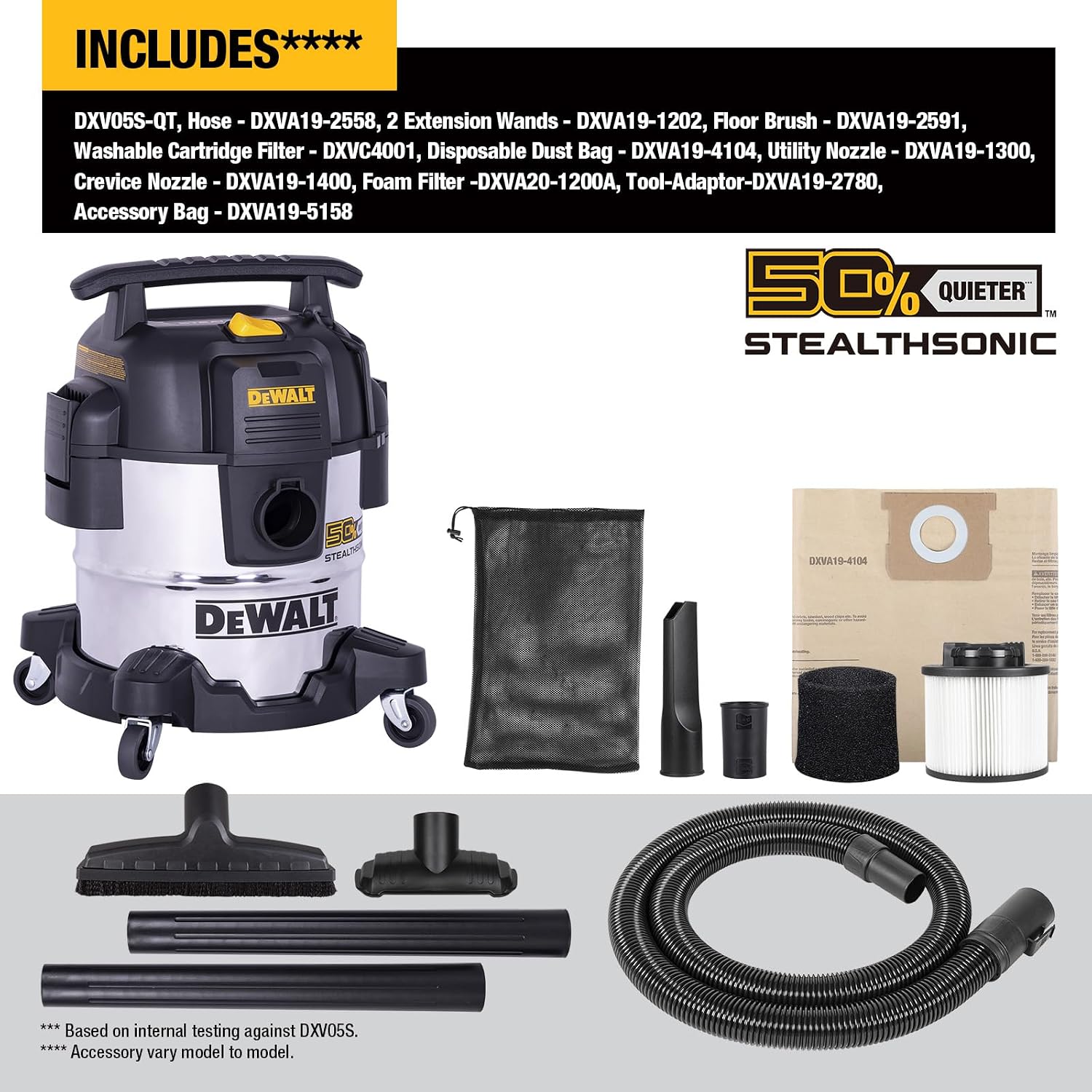 DEWALT ASPIRADORA DE TALLER STEALTHSONIC DE 5 GALONES HÚMEDA Y SECA, SUCCIÓN POTENTE Y PORTÁTIL CON ACCESORIOS, ASPIRADORA - 2