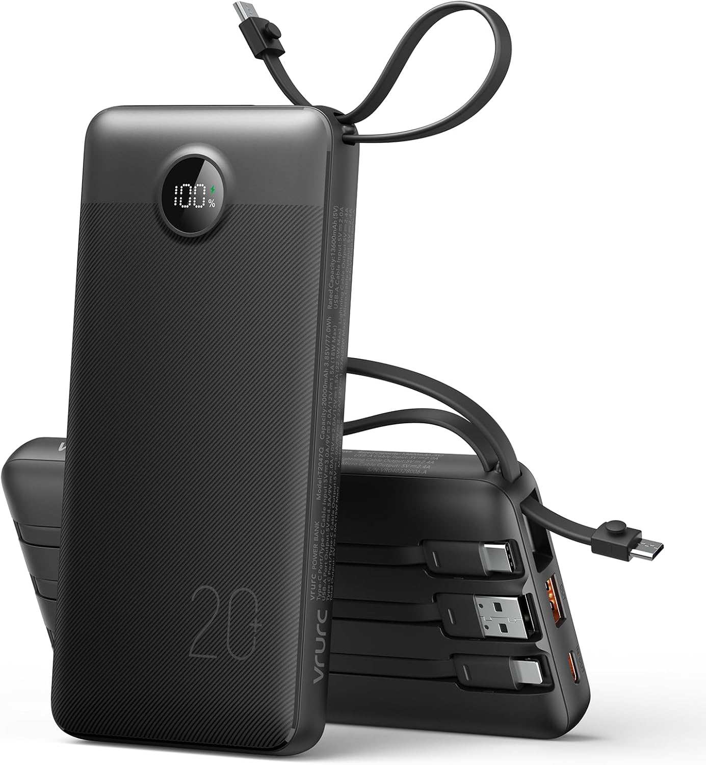 VRURC CARGADOR PORTÁTIL DELGADO DE 20000 MAH, 22.5 W PD DE CARGA RÁPIDA ESENCIAL DE VIAJE POWERBANK 4 CABLES INTEGRADOS Y 2 - 1