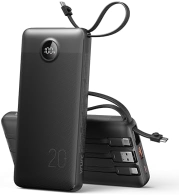 VRURC CARGADOR PORTÁTIL DELGADO DE 20000 MAH, 22.5 W PD DE CARGA RÁPIDA ESENCIAL DE VIAJE POWERBANK 4 CABLES INTEGRADOS Y 2 - 5