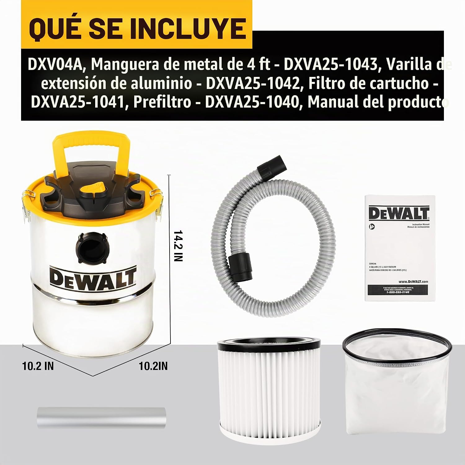 DEWALT ASH VACUUM DXV04A, RECIPIENTE DE METAL DE 4 GALONES, POTENTE MOTOR DE 4 HP, FUERTE SUCCIÓN Y FILTRACIÓN EFICIENTE, - 2