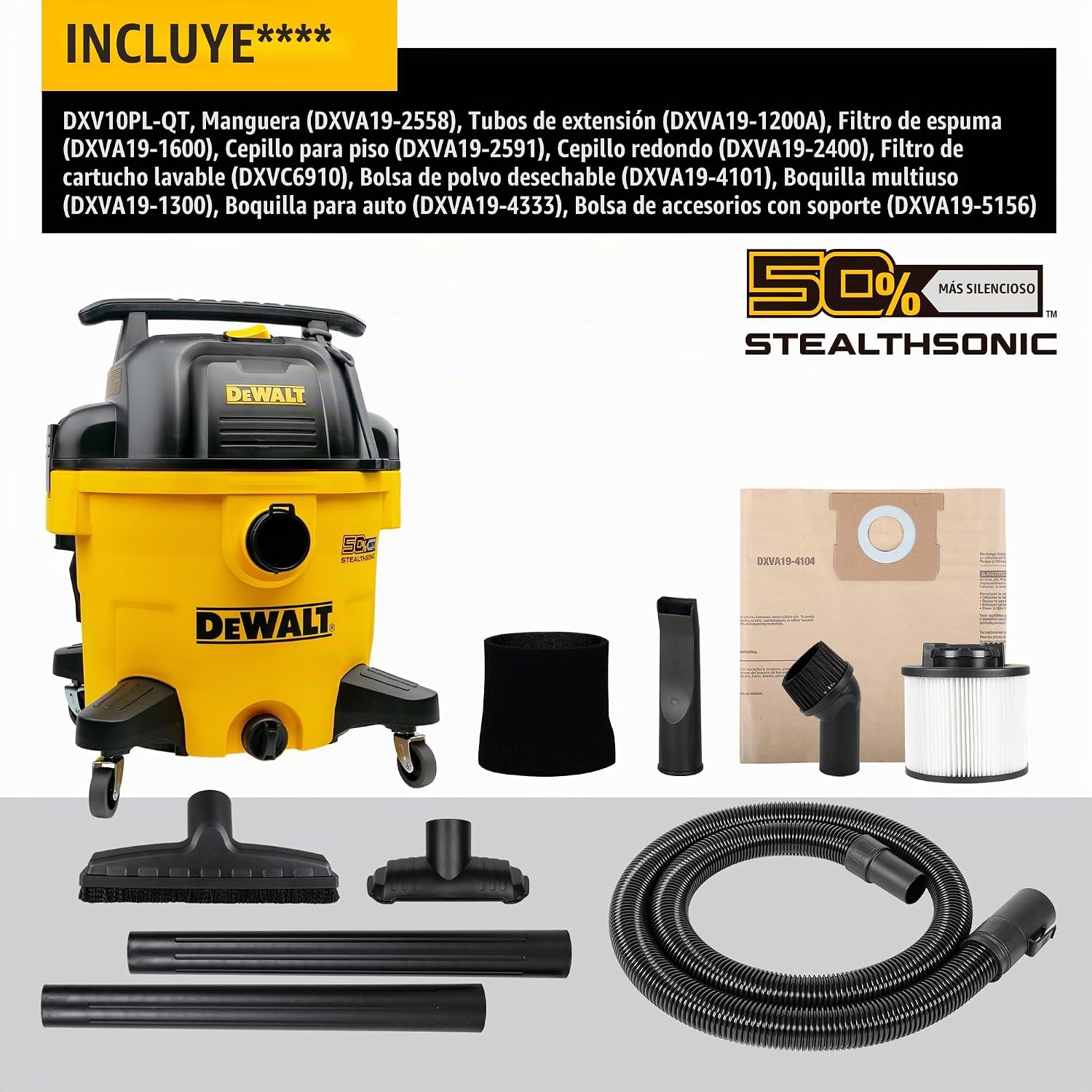 DEWALT 10 GALONES 5.0 HP PICO STEALTHSONIC ASPIRADORA DE TALLER HÚMEDA Y SECA, ASPIRADORA HÚMEDA Y SECA ULTRA SILENCIOSA, - 6