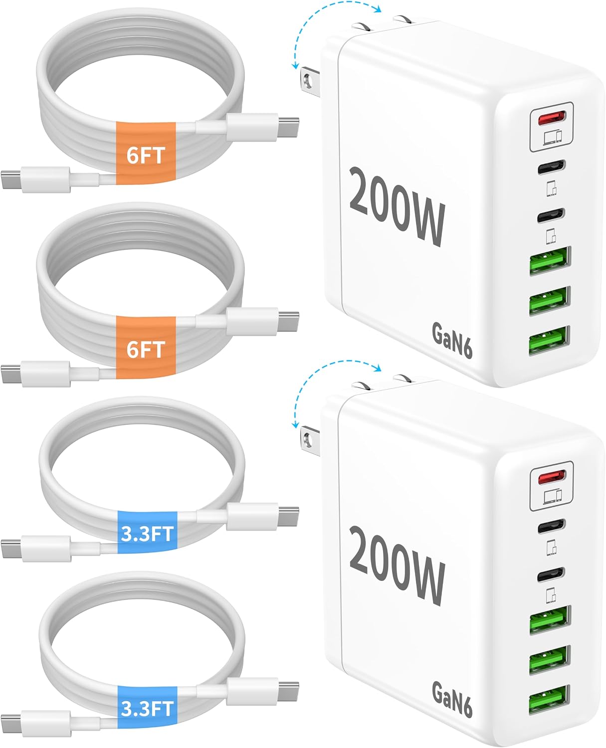 PAQUETE DE 2 CARGADORES USB C 200W 6 PUERTOS GAN SUPER FAST TYPE C CARGADOR - 1
