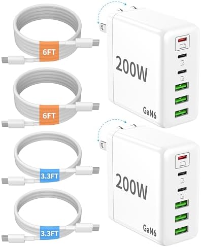 PAQUETE DE 2 CARGADORES USB C 200W 6 PUERTOS GAN SUPER FAST TYPE C CARGADOR - 6