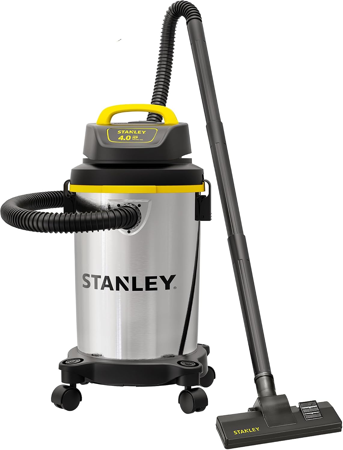 STANLEY - SL18129 ASPIRADORA HÚMEDA/SECA, 4 GALONES, 4 CABALLOS DE FUERZA, TANQUE DE ACERO INOXIDABLE PLATA AMARILLO - 1
