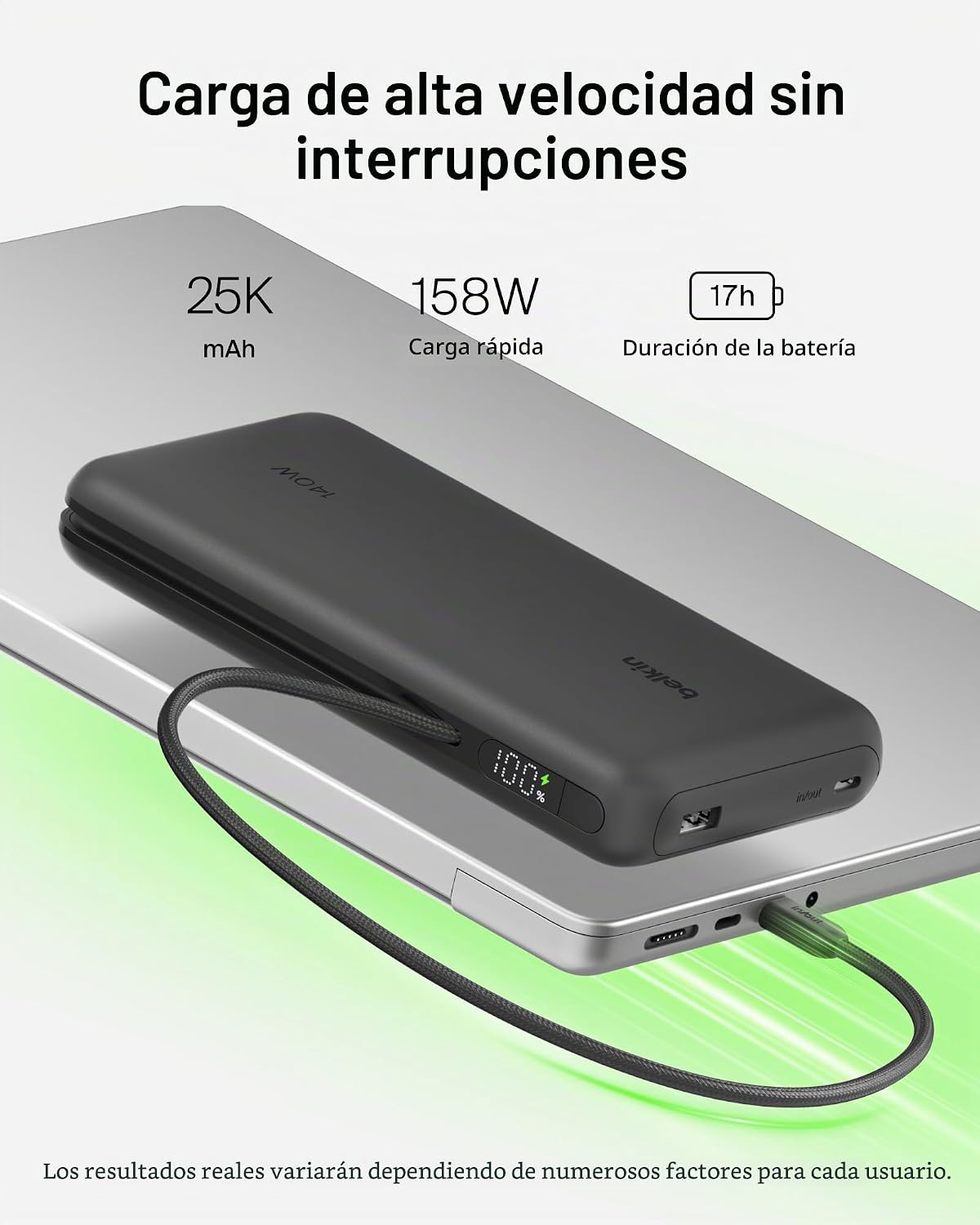 BELKIN CARGADOR PORTÁTIL DE 25 K, BANCO DE ENERGÍA CON CABLE USB C INTEGRADO, 158 W - BATERÍA PORTÁTIL DE CARGA RÁPIDA - 2