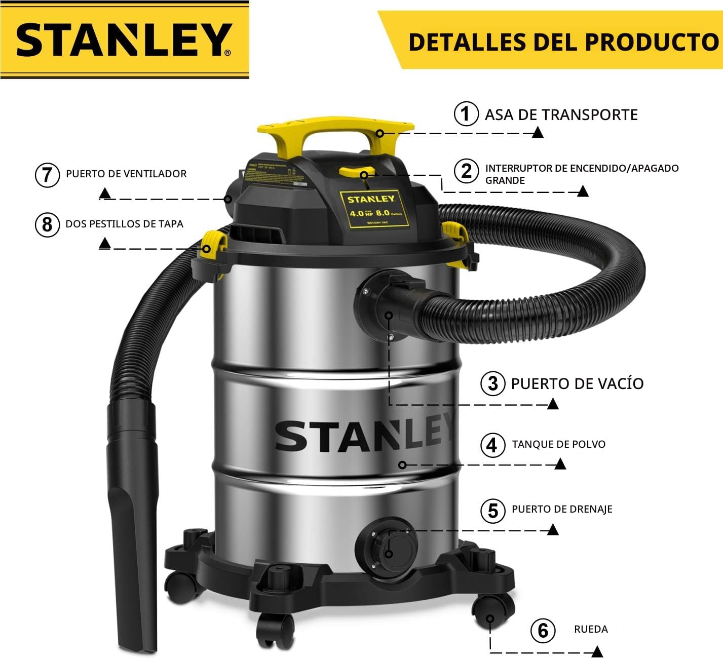 STANLEY ASPIRADORA HÚMEDA Y SECA DE 8 GALONES Y 4 HP PEAK SHOP CON ACCESORIO, SL18117 - 5