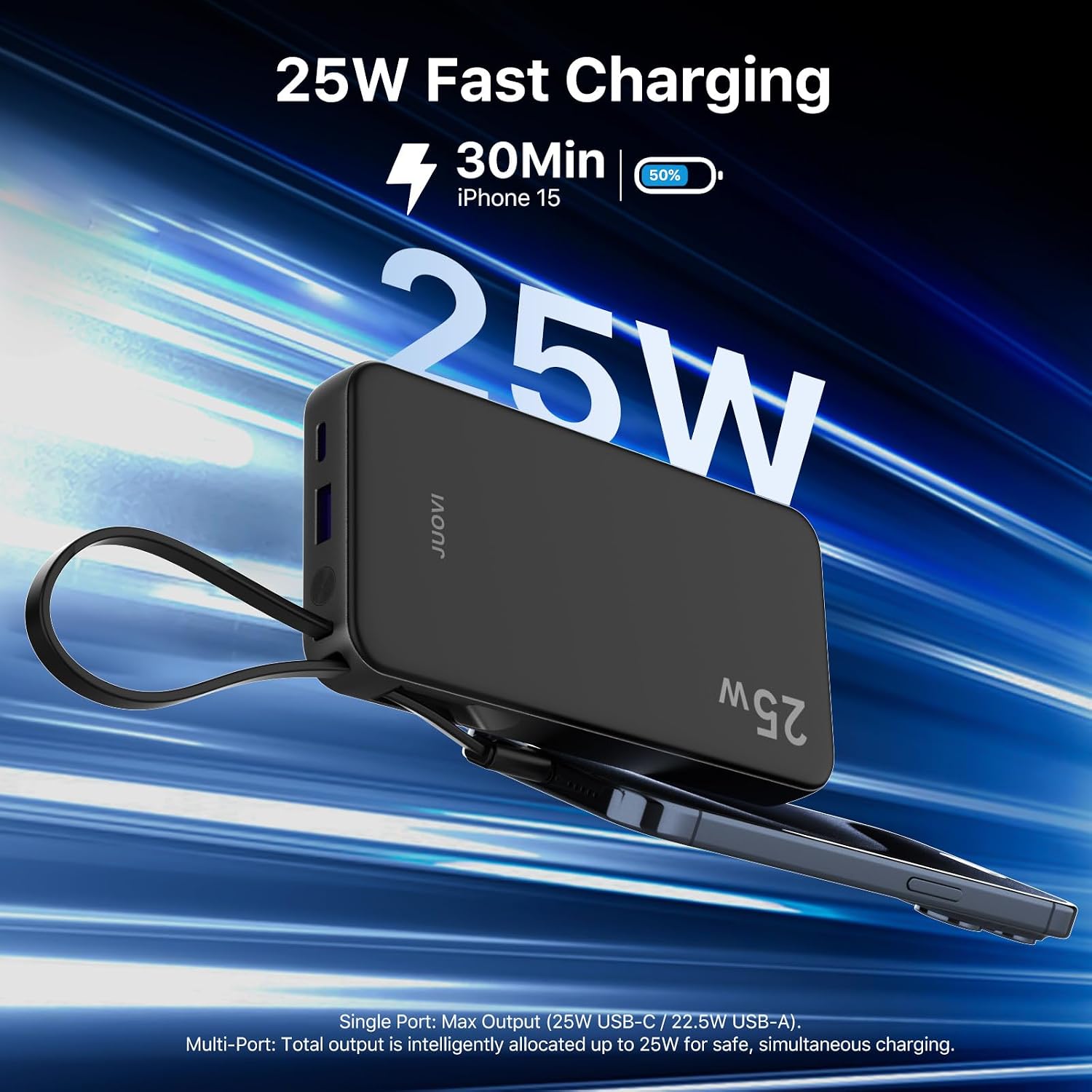 JUOVI CARGADOR PORTÁTIL DE 25W 10000MAH POWER BANK CABLE USB-C INCORPORADO - 2