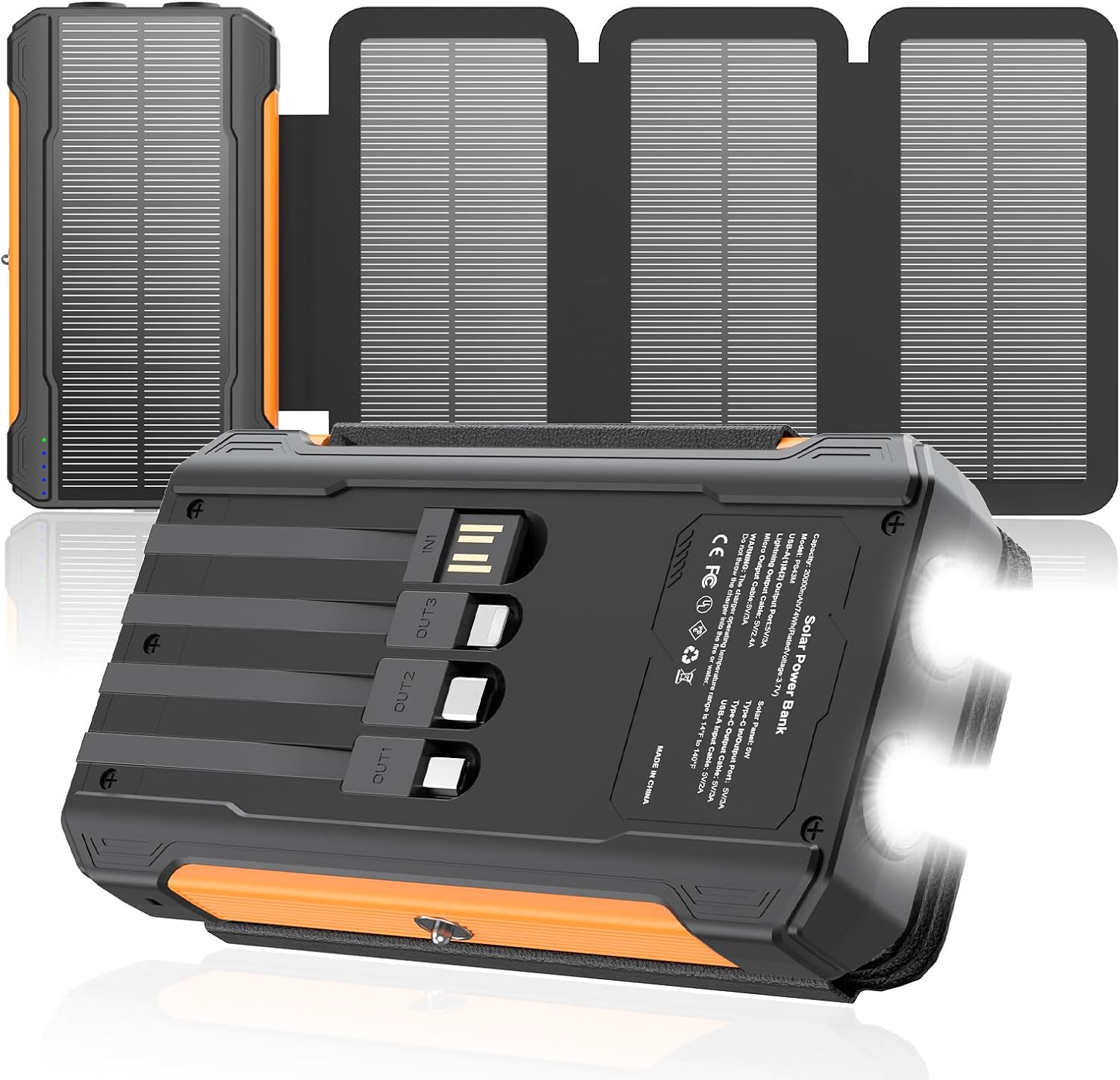 CARGADOR SOLAR DE 20000 MAH, CARGADOR PORTÁTIL INTEGRADO CON 4 CABLES CABLE DE SALIDA DE MICRÓFONO/USB-C/IOS, CABLE - 1