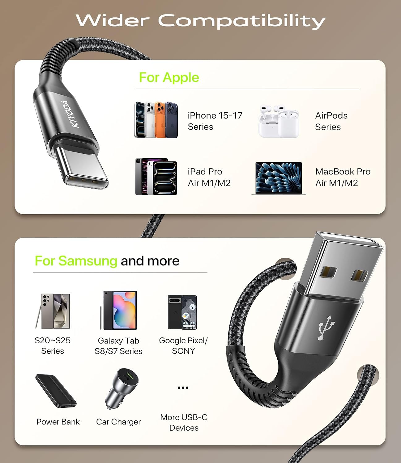CABLE USB A USB C DE 3 A DE CARGA RÁPIDA 2 UNIDADES DE 6 PIES , CABLE USB A A USB C PARA CARPLAY, CABLE USB TIPO C SÚPER - 5