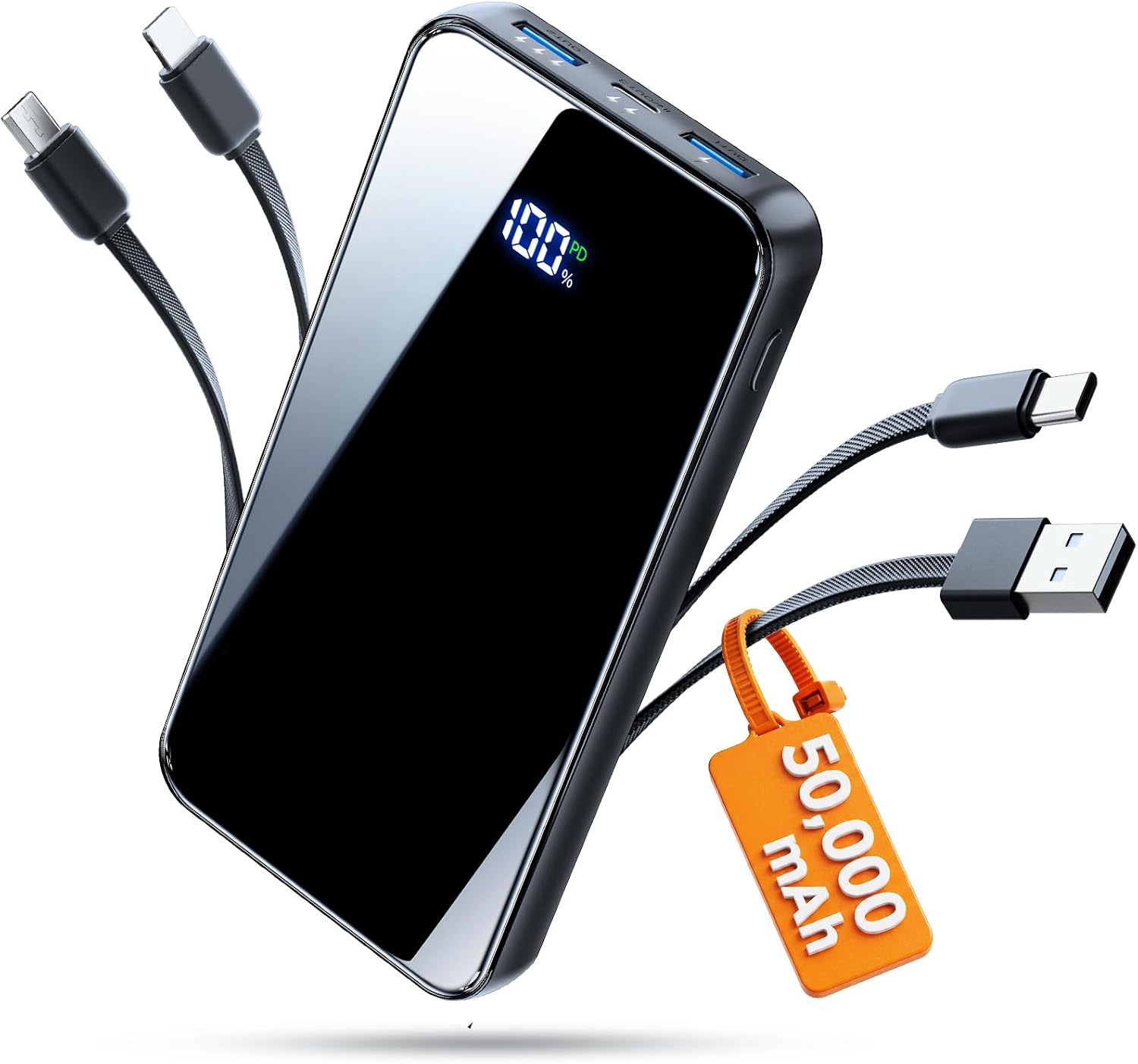 CARGADOR PORTÁTIL, CARGADOR DE BATERÍA DE 50000 MAH, CABLE INTEGRADO, CARGA RÁPIDA DE 22.5 W, ENTRADA Y SALIDA USB C, - 1