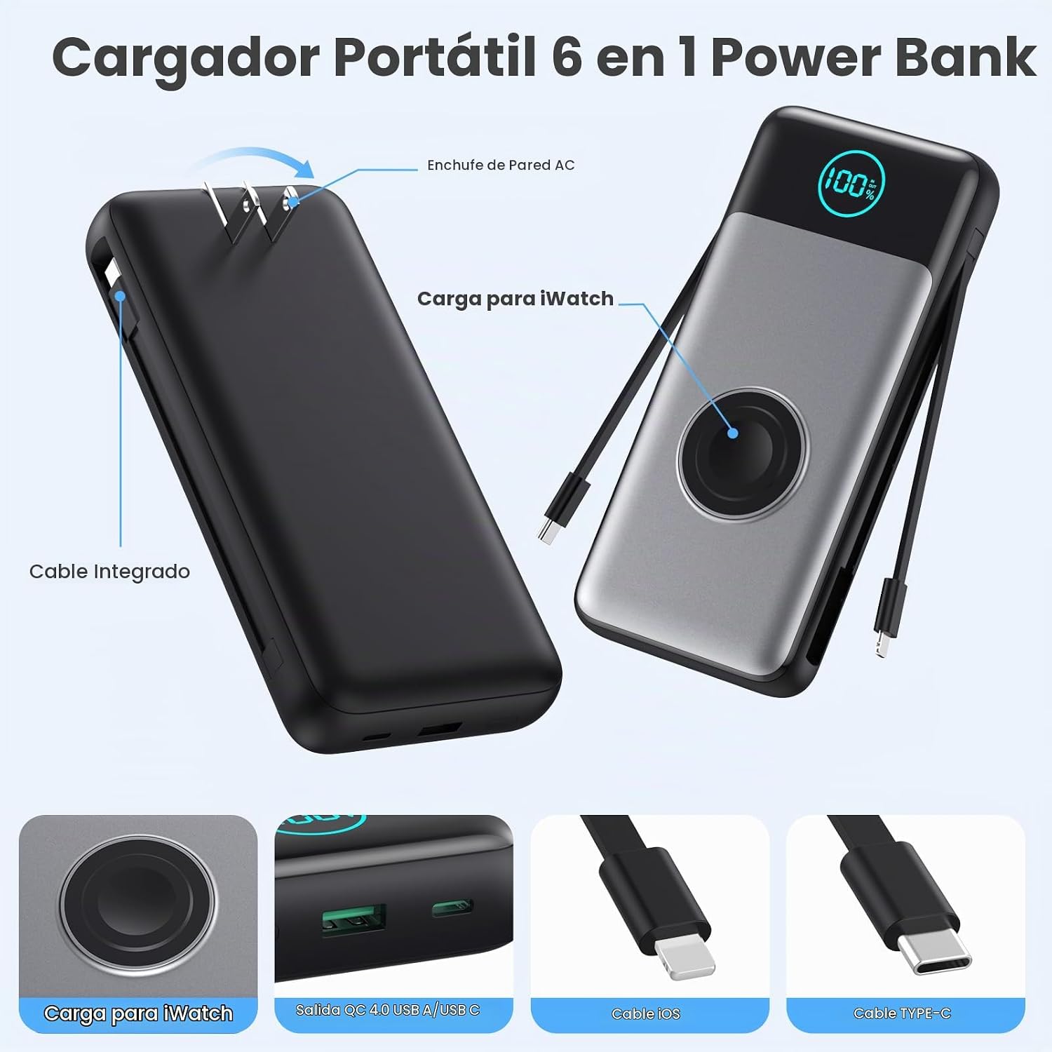CARGADOR PORTÁTIL PARA IPHONE CON CABLES INTEGRADOS Y ENCHUFE DE PARED DE CA, CARGADOR DE BATERÍA USB C DE CARGA RÁPIDA - 2